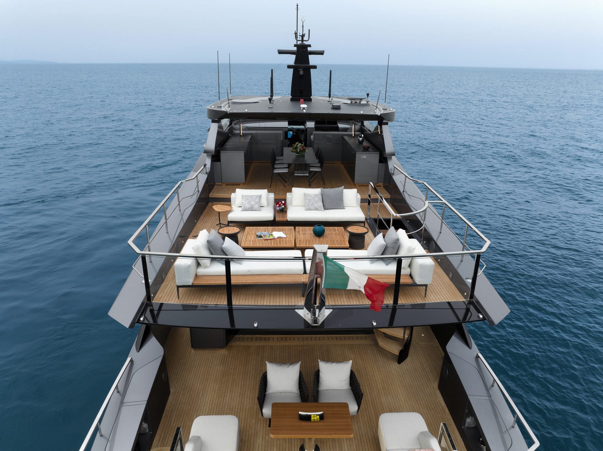 Mangusta yacht deck with elegant seating area