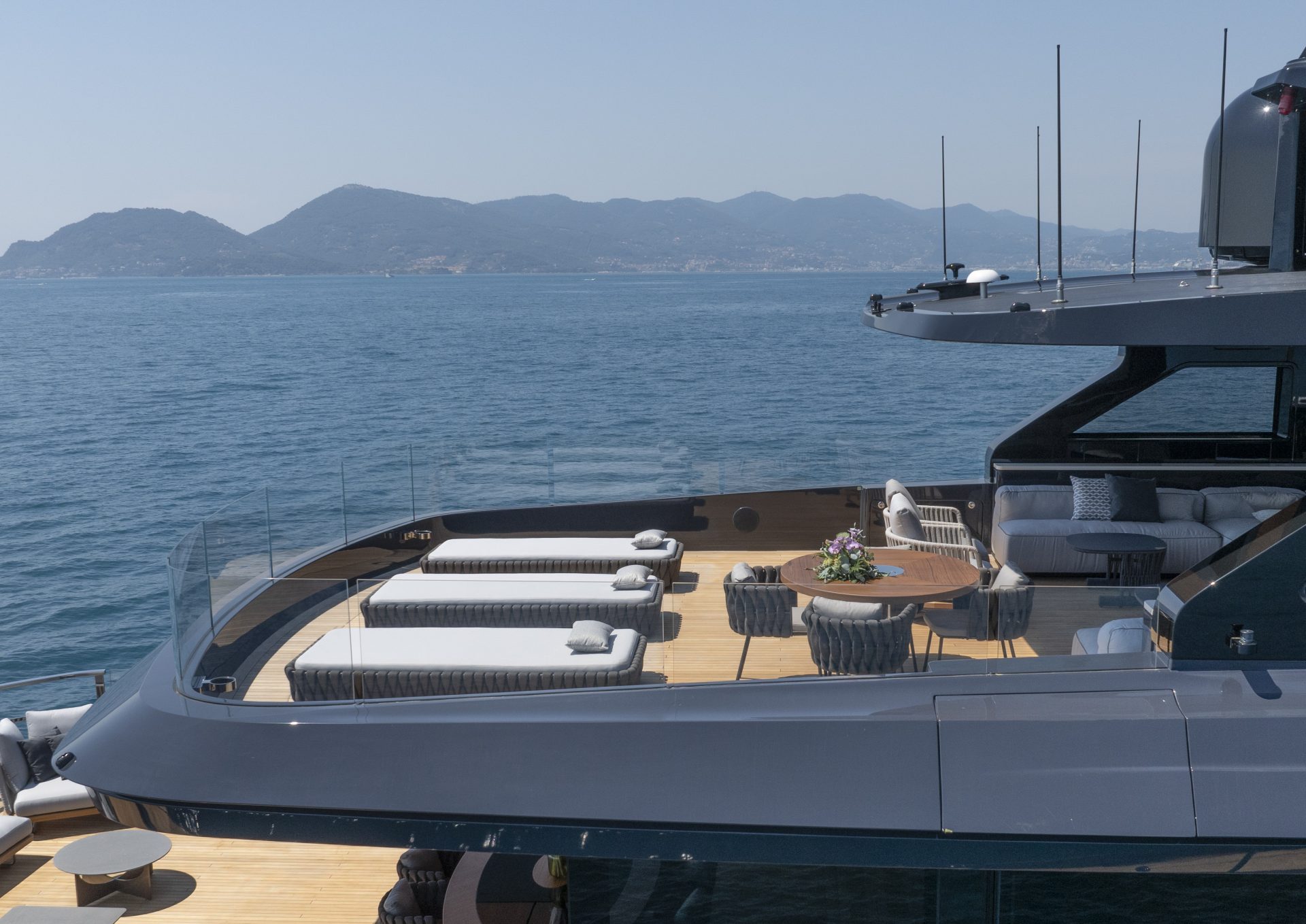 Luxury deck view on Mangusta yacht at sea