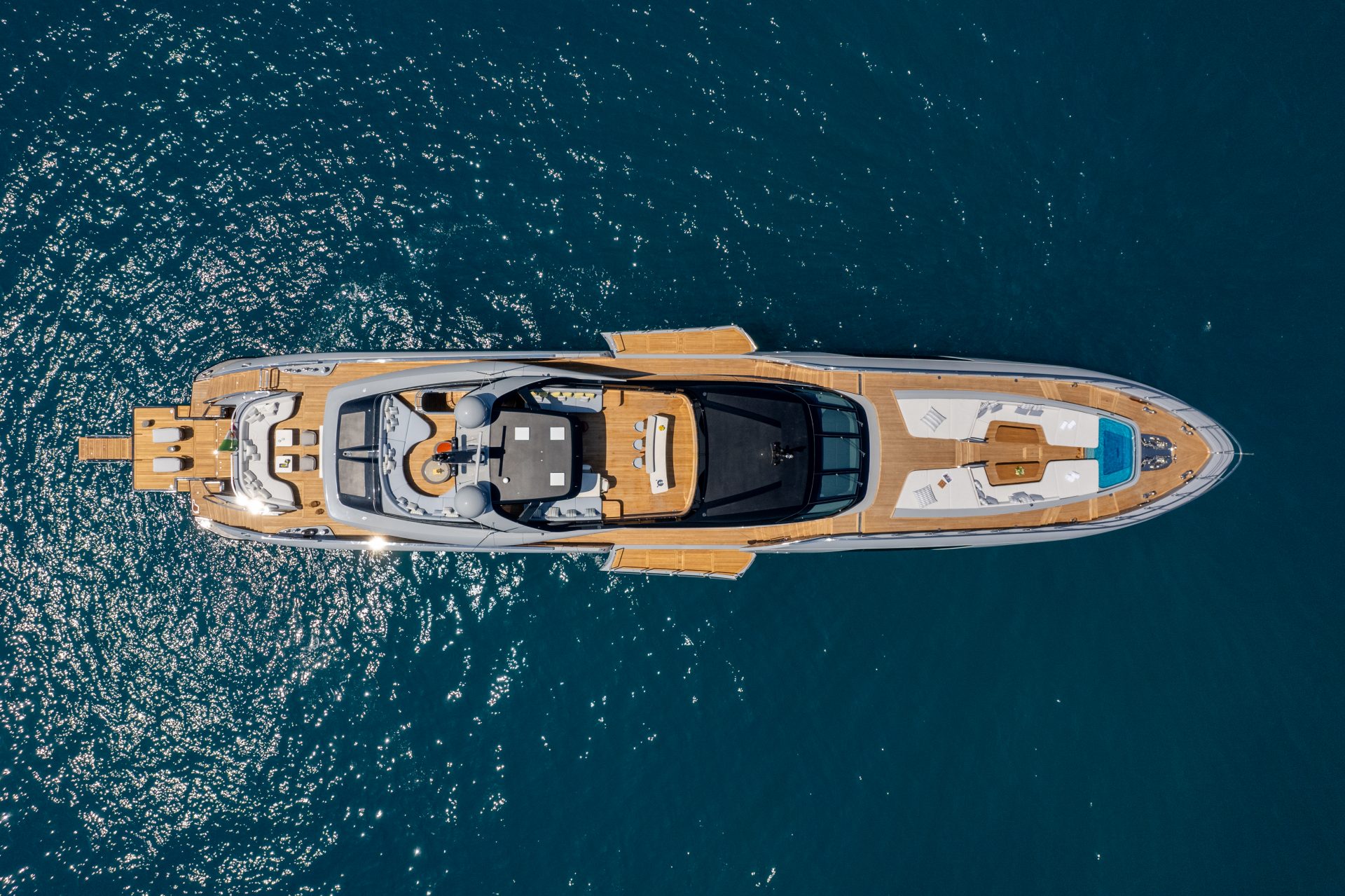 Mangusta Yacht aerial view, luxury deck design