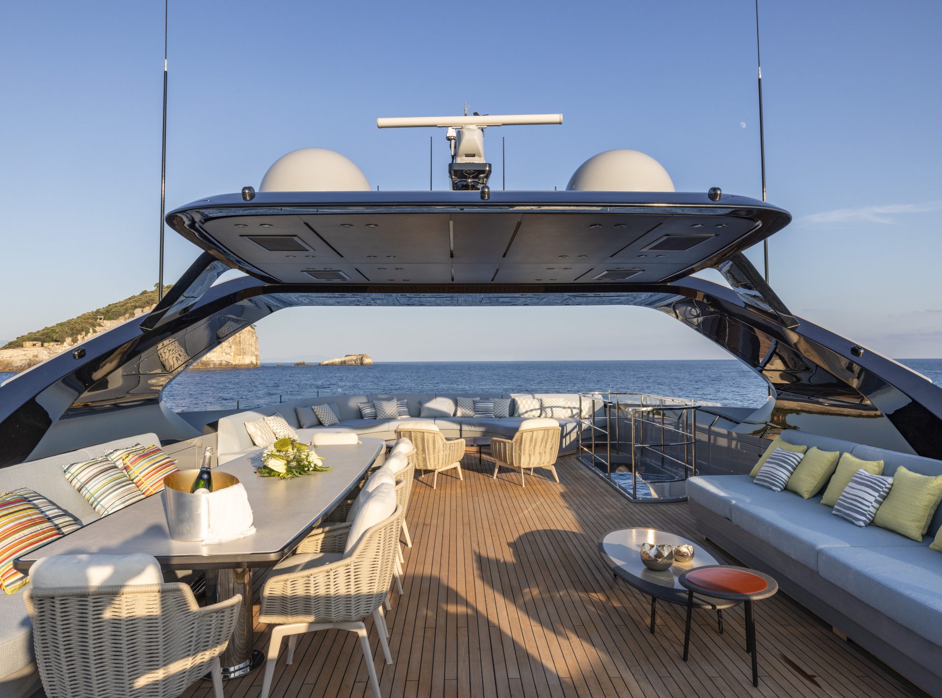 Luxurious deck of a Mangusta Yacht at sea