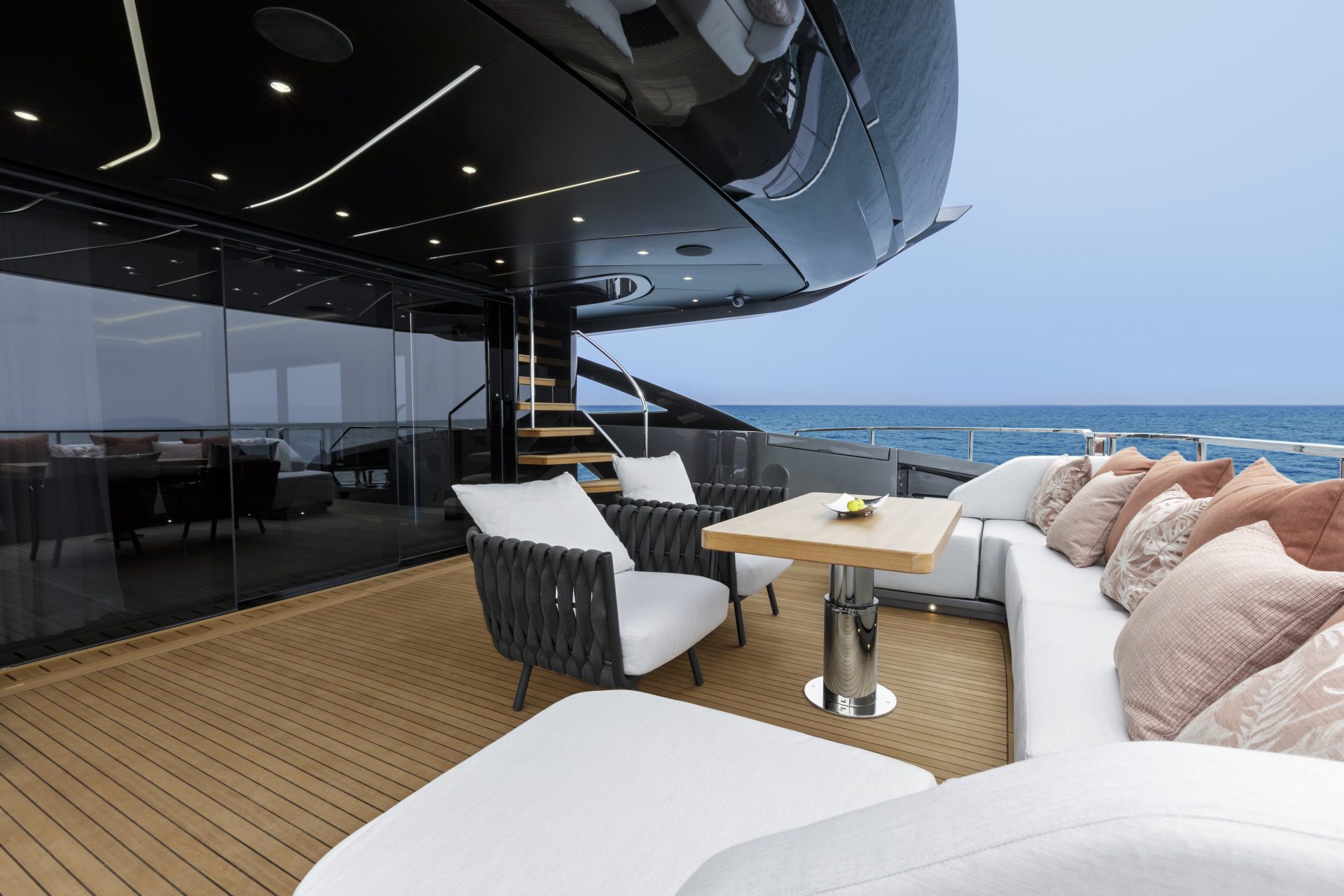 Luxurious Mangusta yacht outdoor seating area
