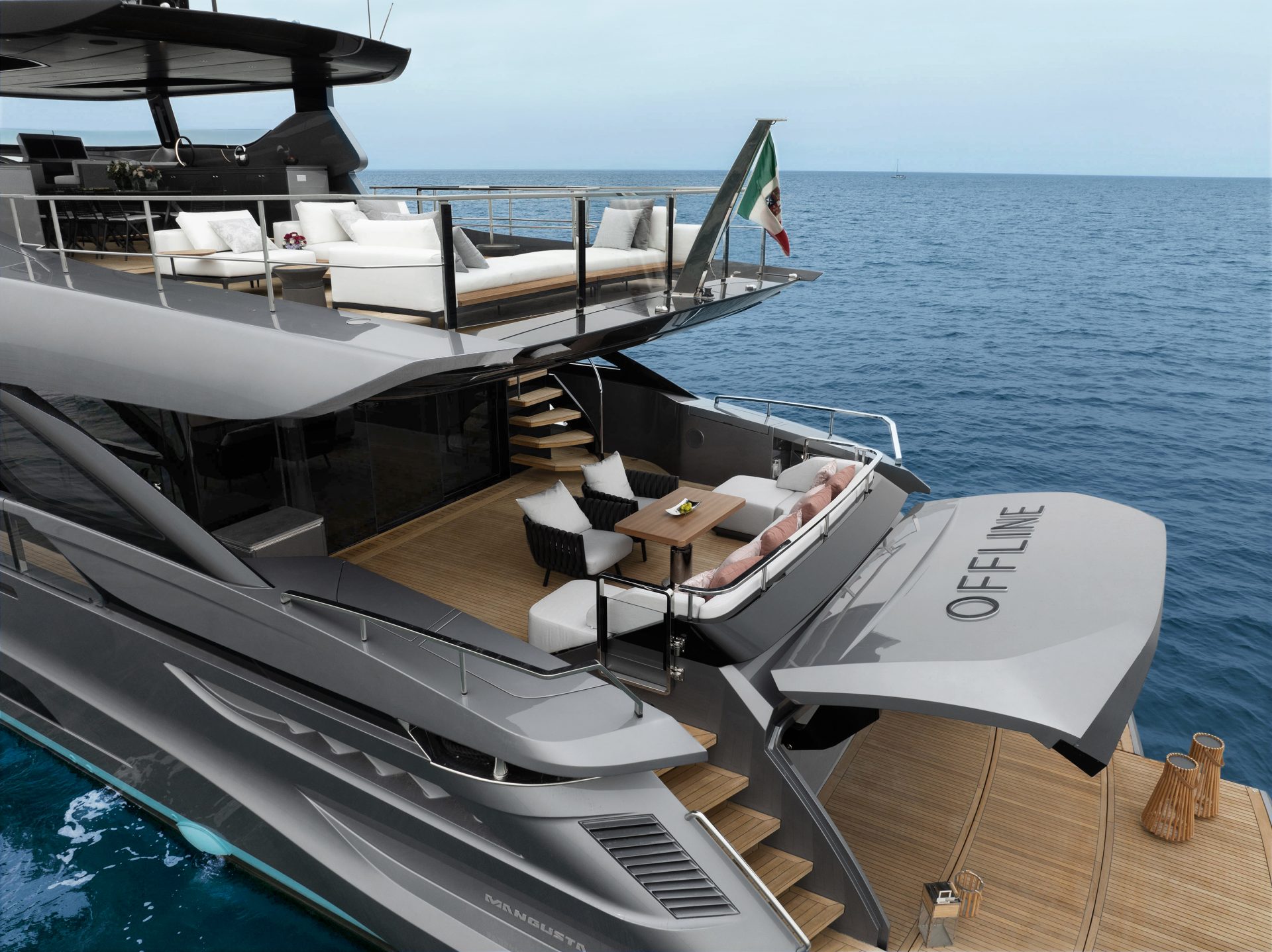 Luxurious Mangusta yacht deck with seating area.