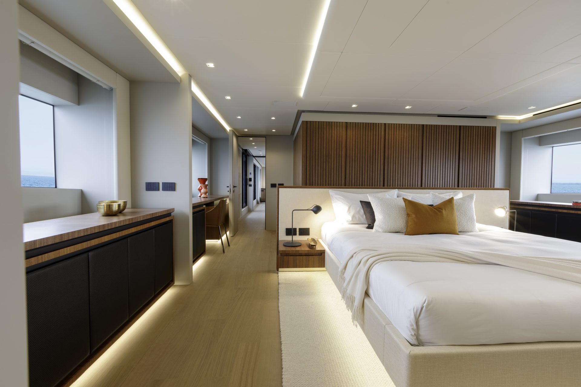 Luxurious master suite on Mangusta yacht