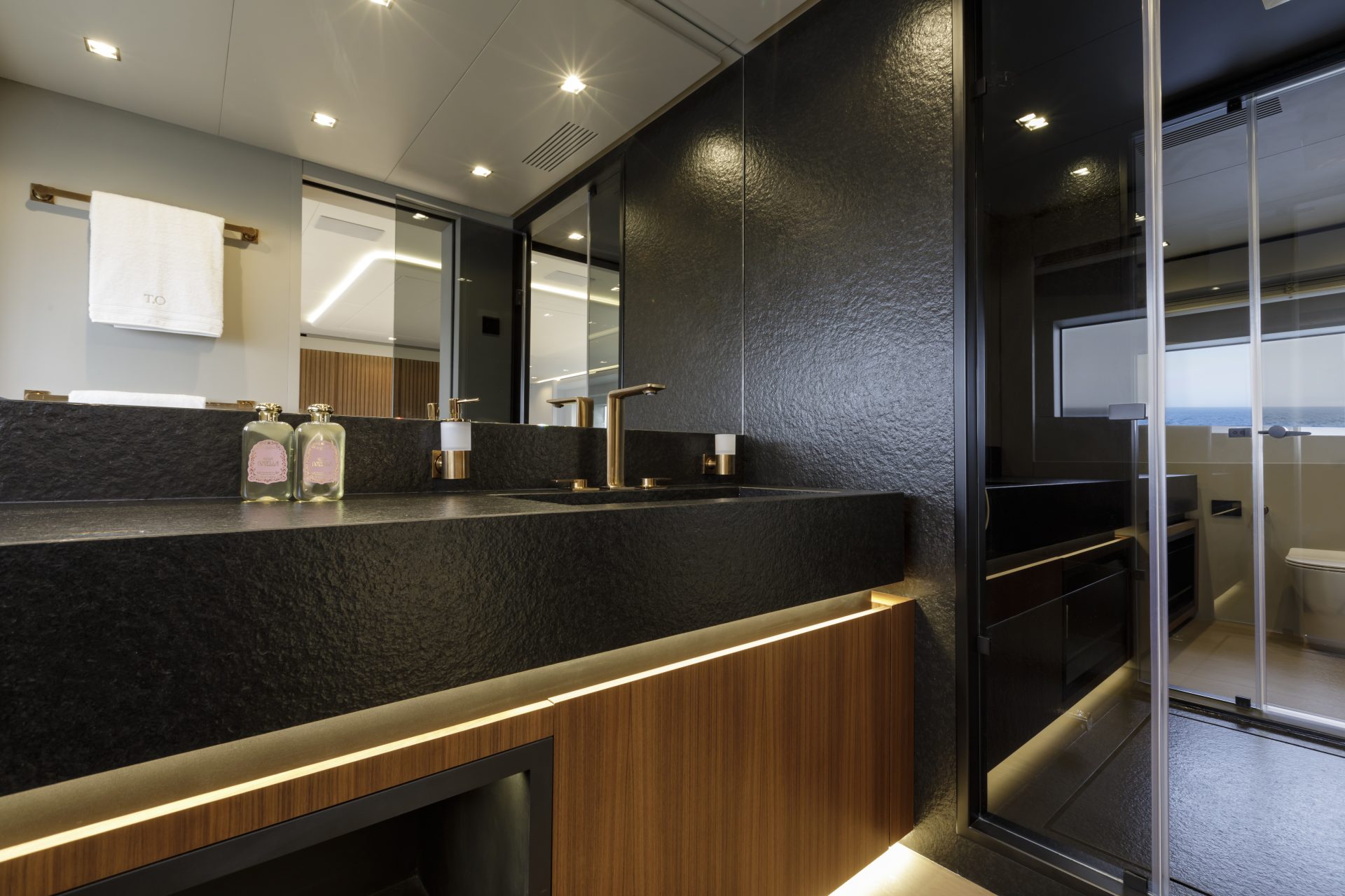 Luxury yacht bathroom with modern fixtures.