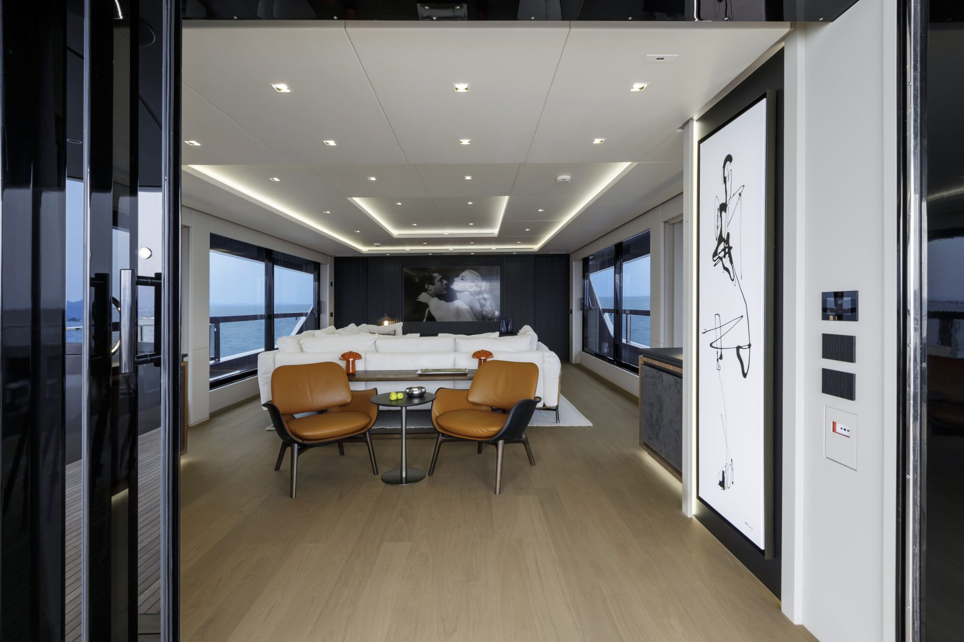 Luxurious Mangusta yacht interior lounge space