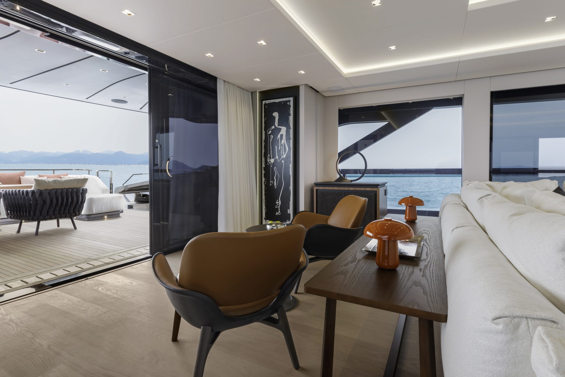 Luxurious interior of a Mangusta Yacht living area