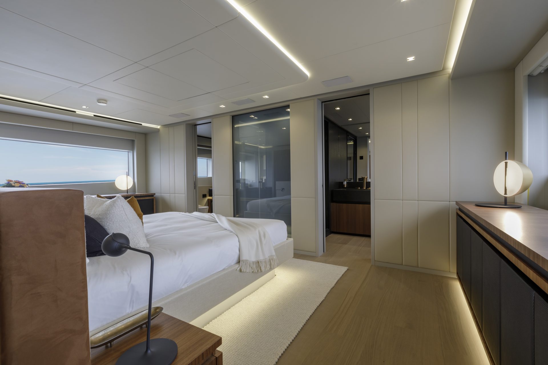 Luxury yacht bedroom interior with ocean view