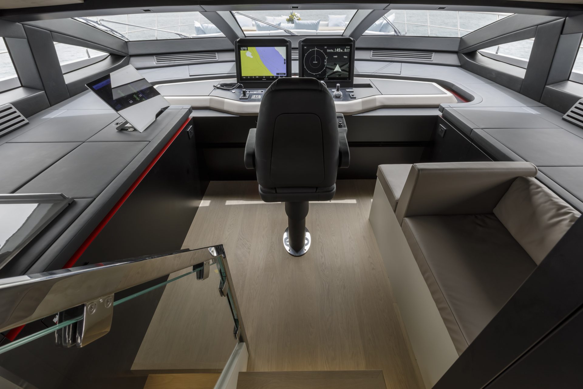 Mangusta Yachts cockpit with navigation screens