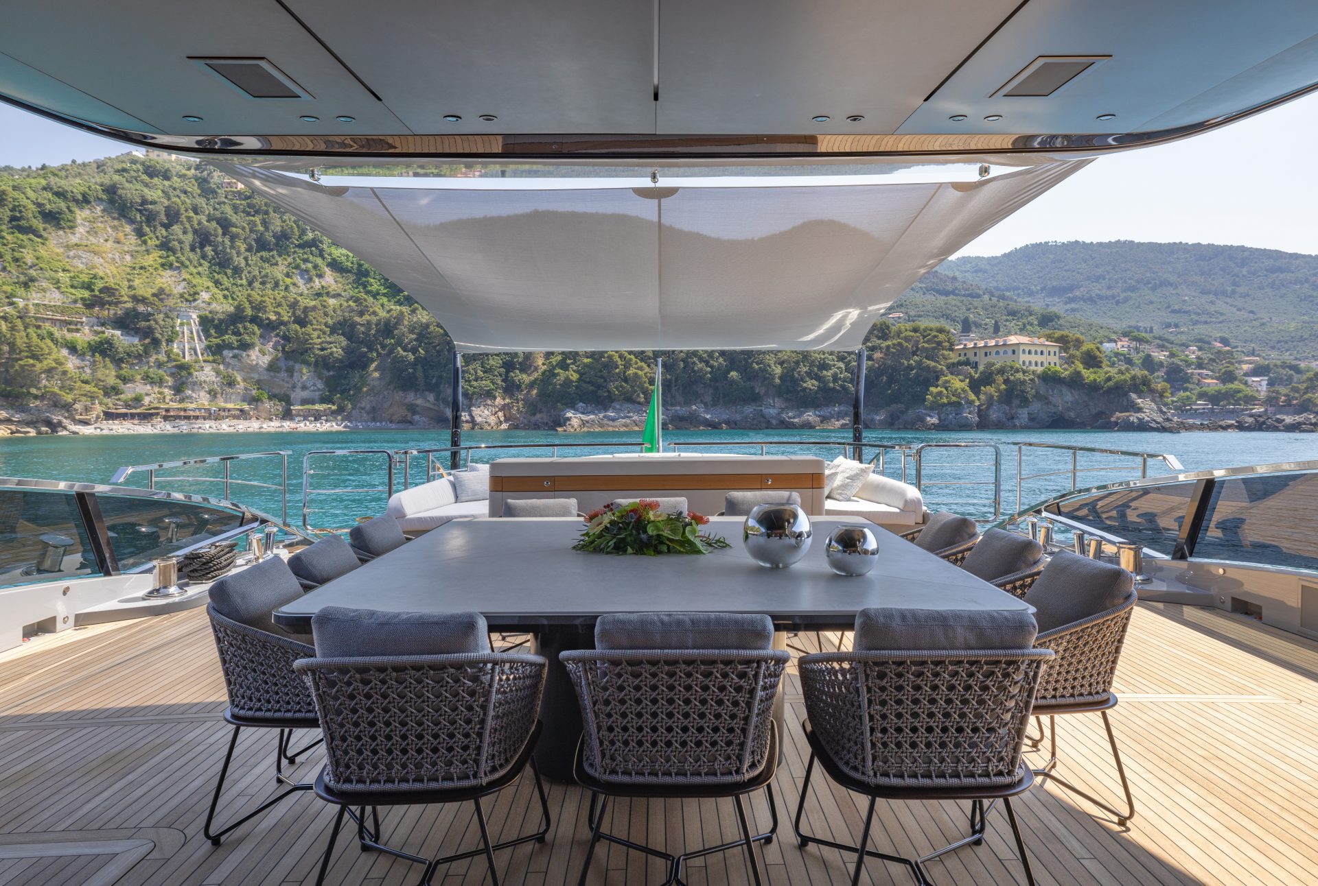 Luxurious dining area on Mangusta yacht deck