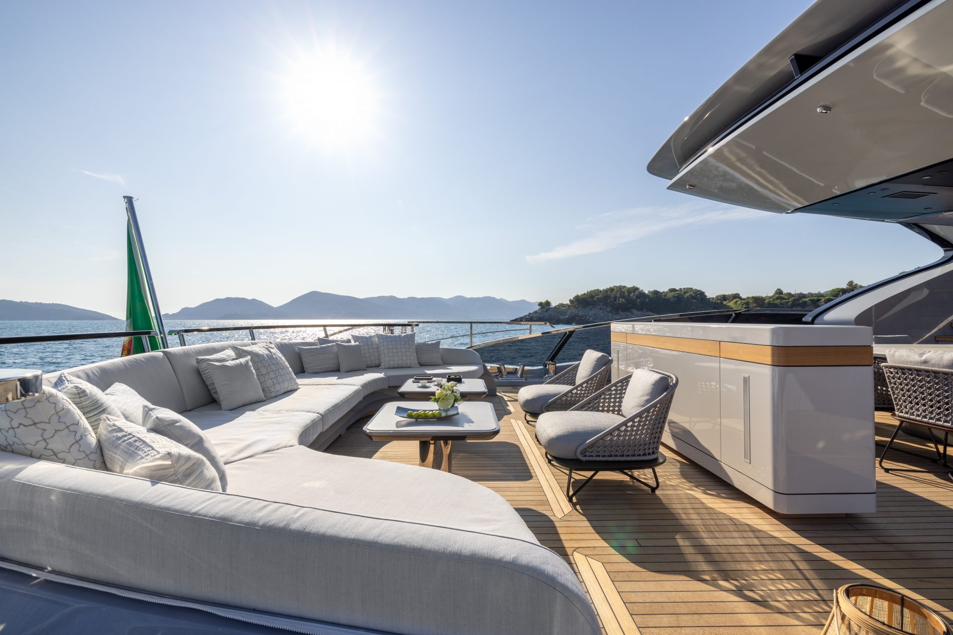 Luxurious deck on Mangusta Yachts at sea