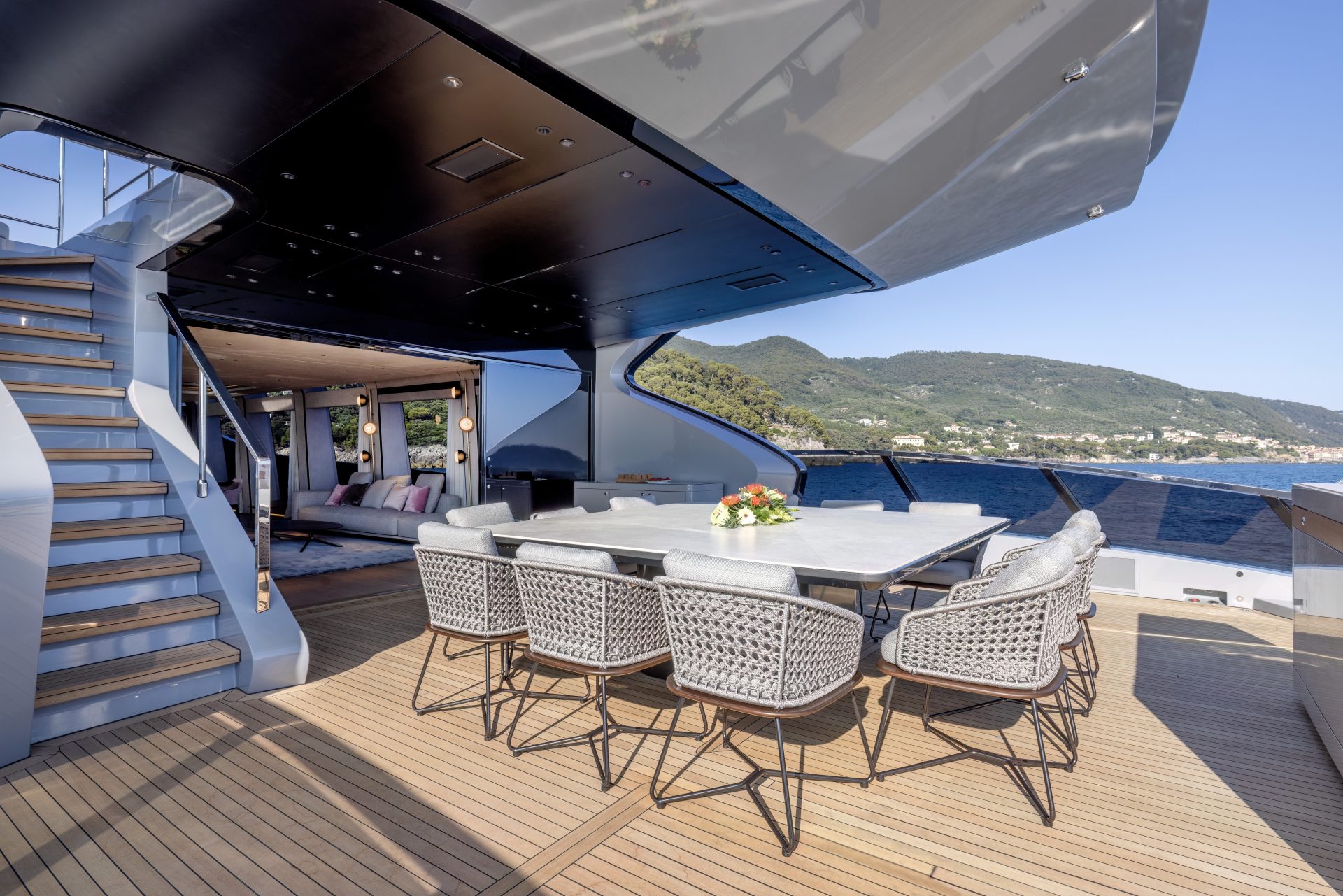 Luxurious dining area on a Mangusta yacht.