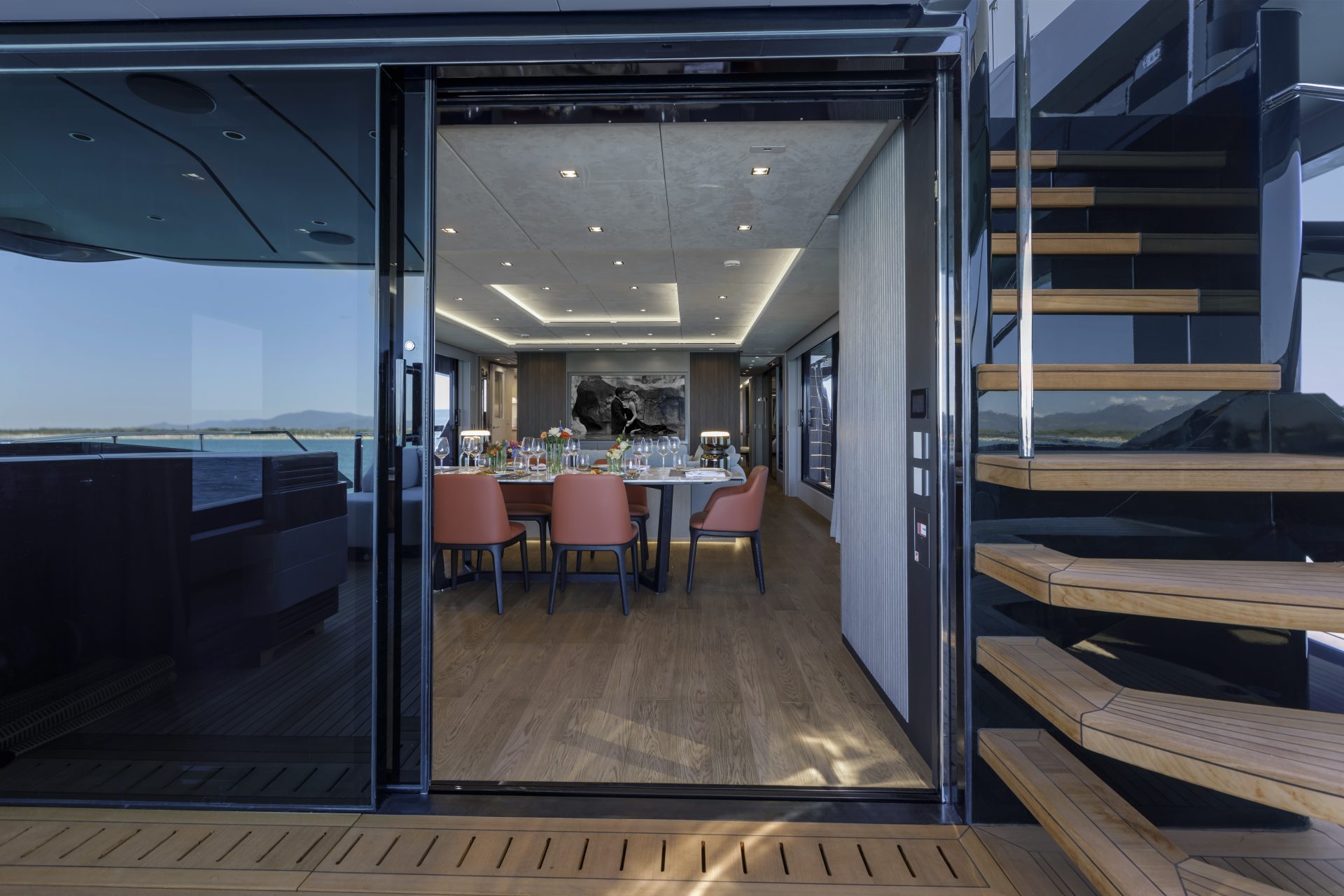 Luxurious yacht dining area with elegant setup