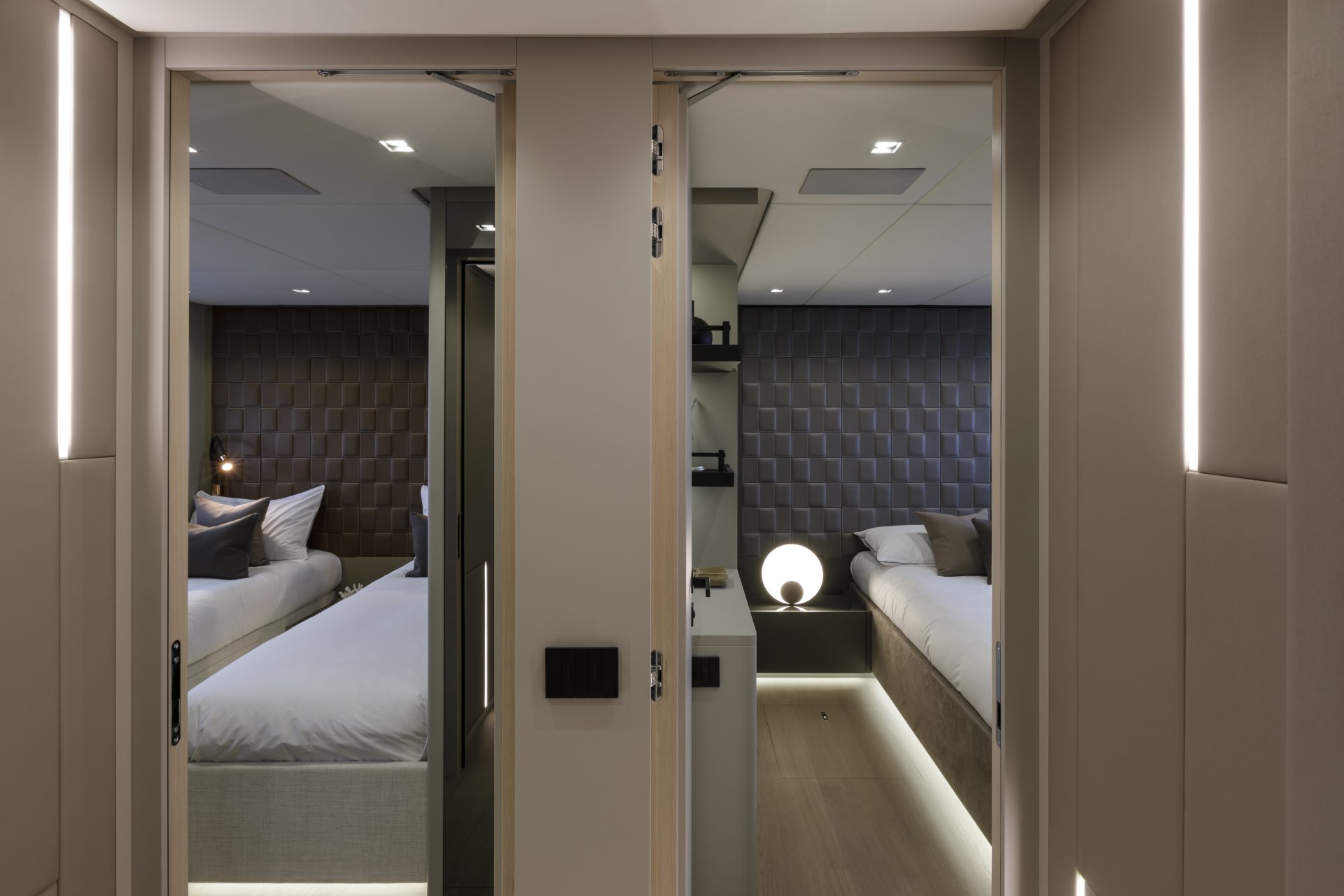 Luxurious cabin interior on a Mangusta Yacht