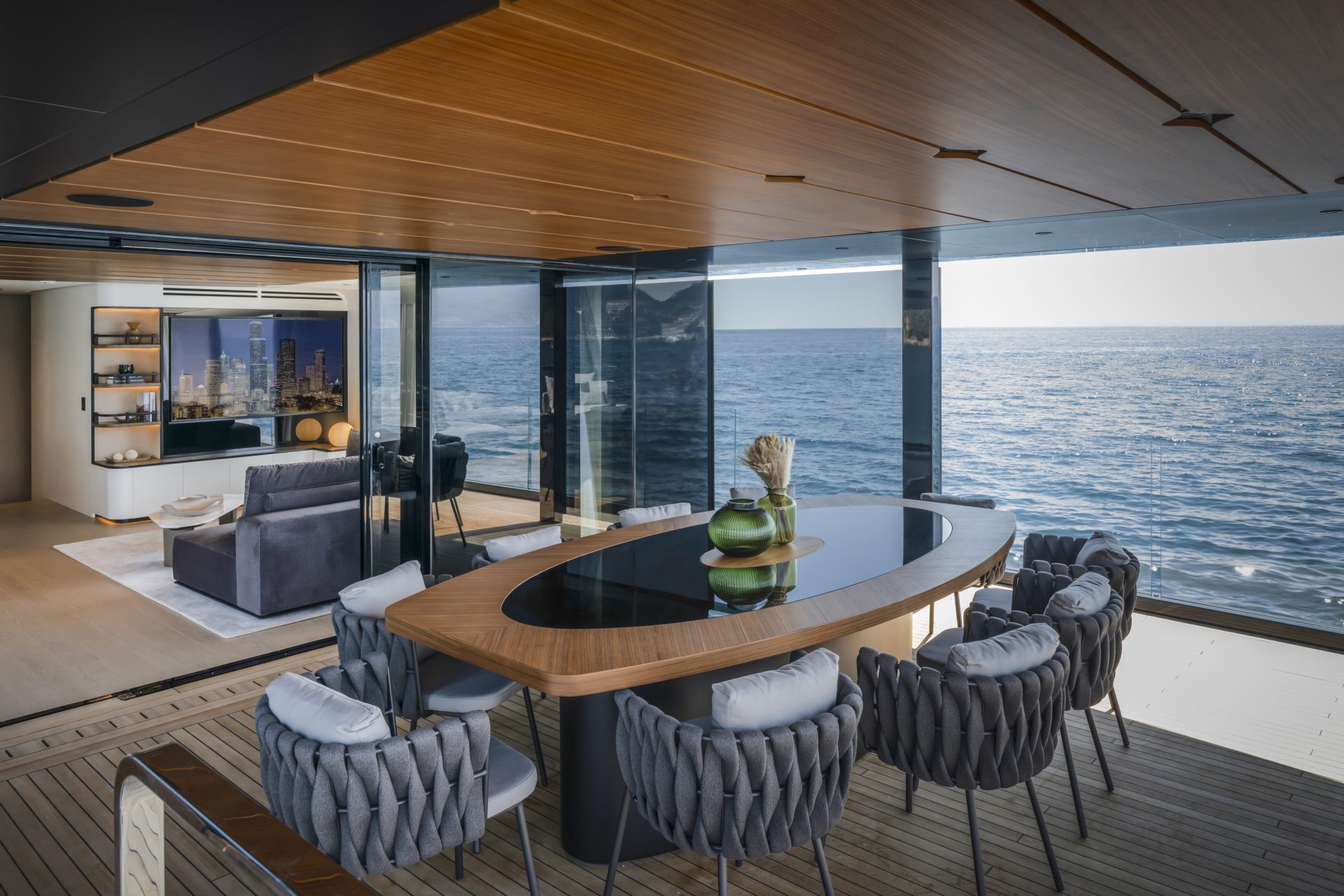 Luxurious Mangusta yacht interior with sea view.