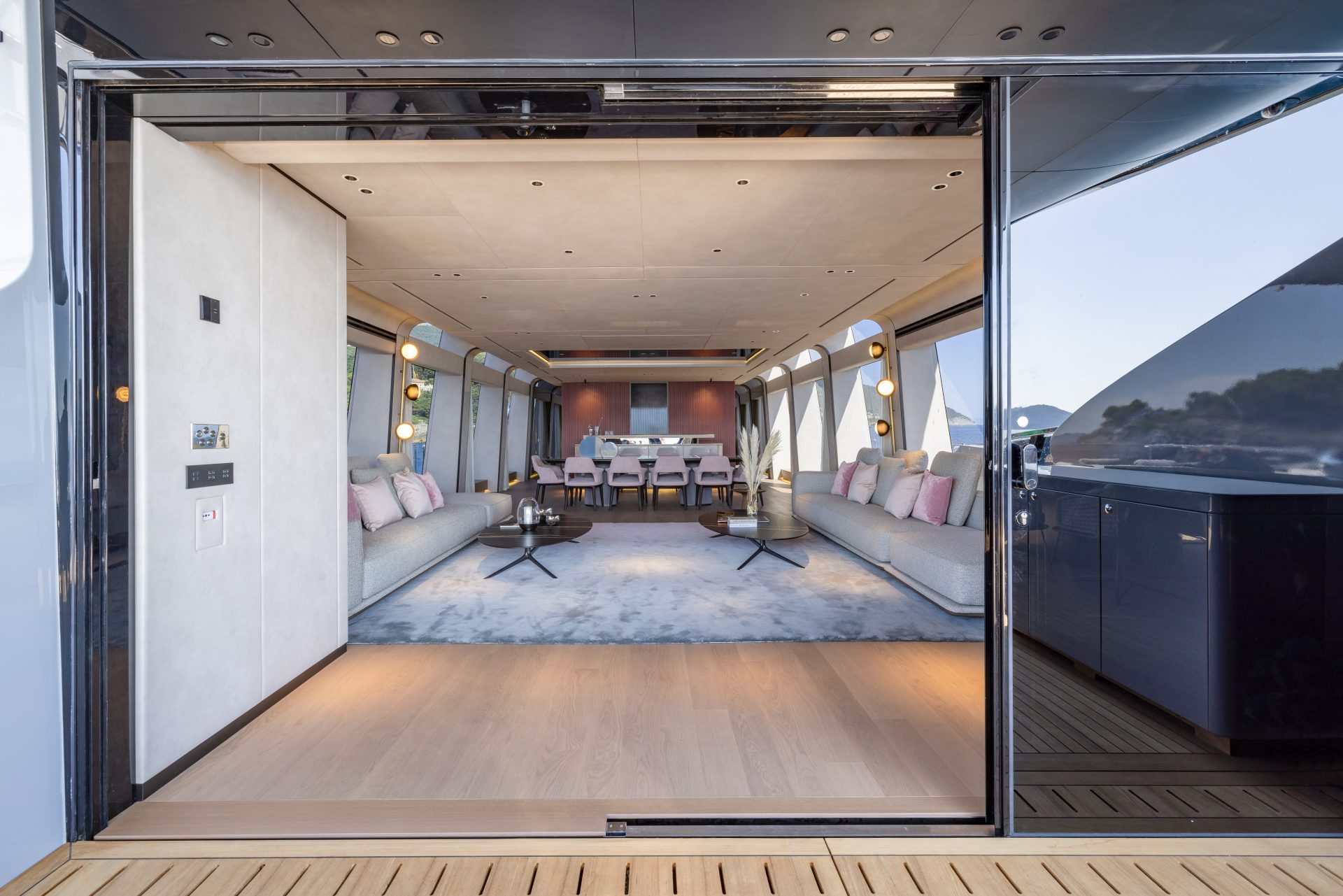 Luxurious Mangusta yacht interior lounge design