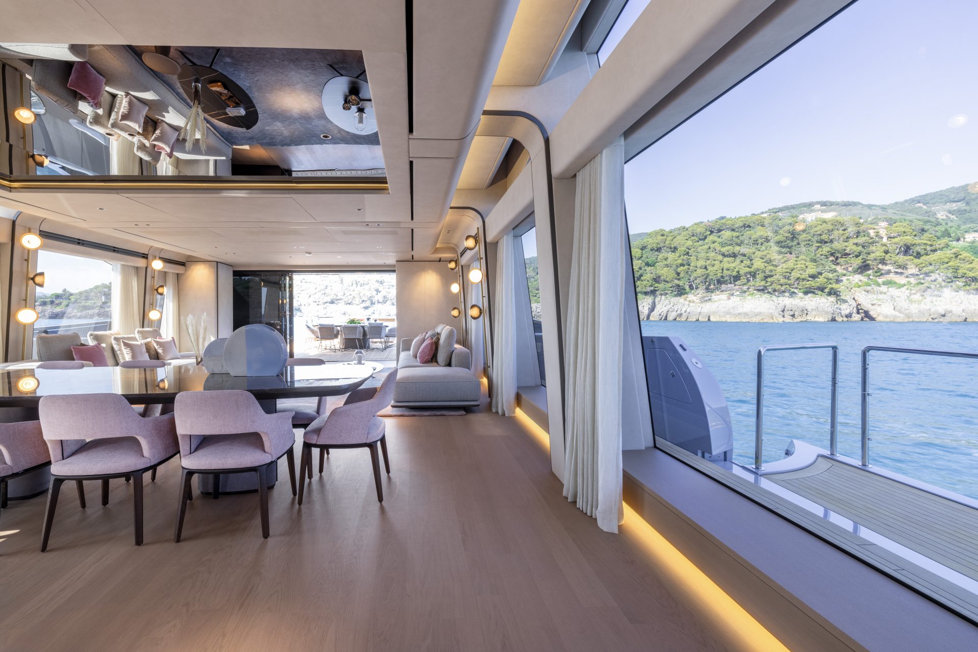 Luxurious yacht interior with sea view