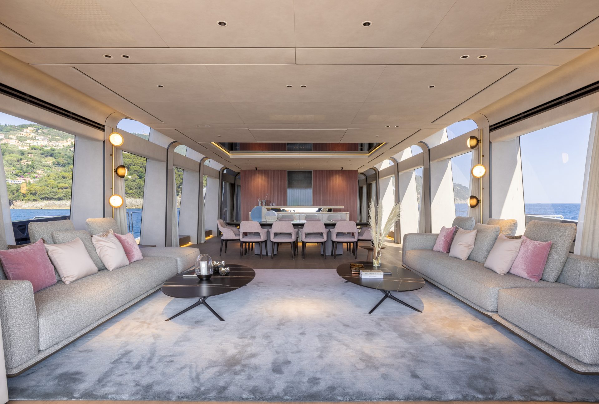 Luxurious Mangusta yacht interior lounge area