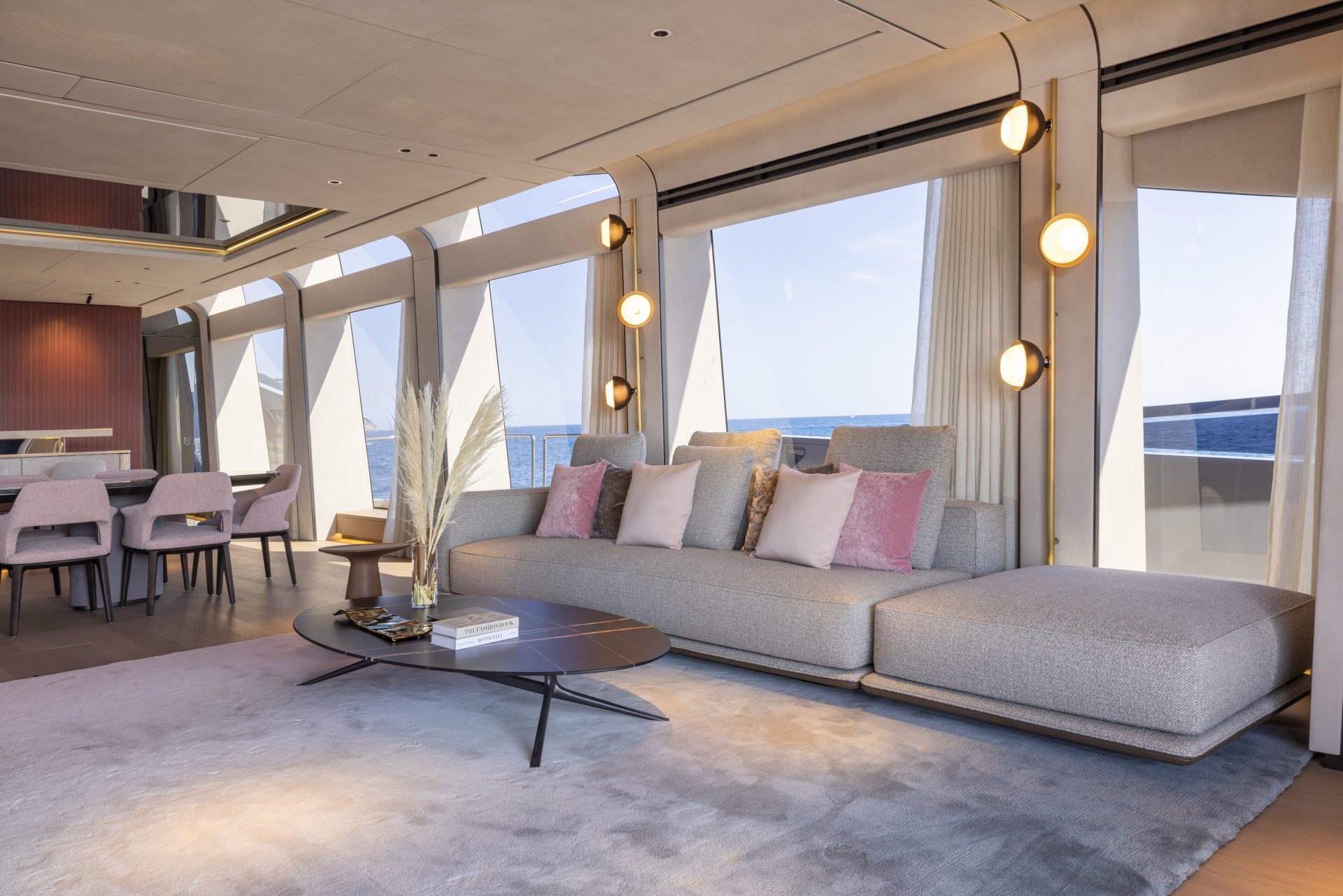 Luxurious Mangusta yacht interior lounge area