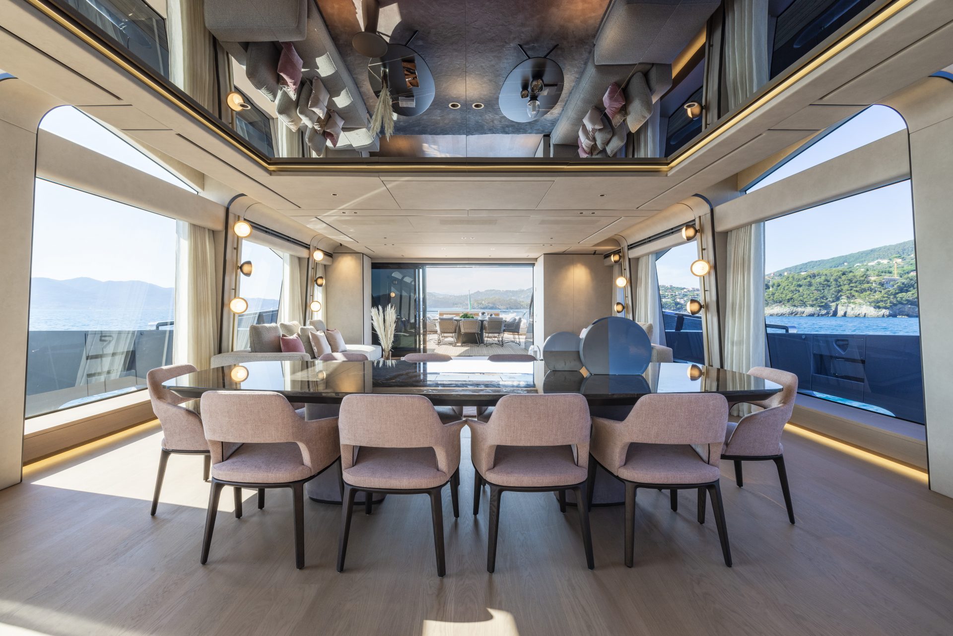 Luxurious dining area on Mangusta yacht.