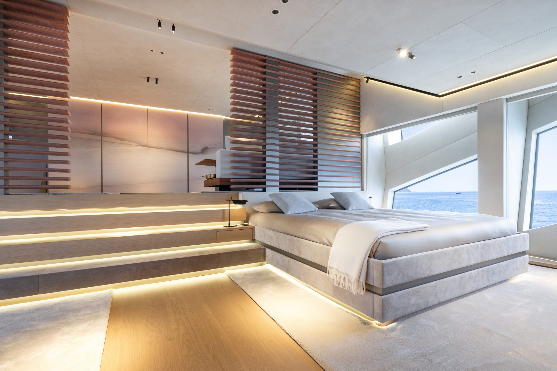 Luxurious Mangusta Yachts bedroom with sea view