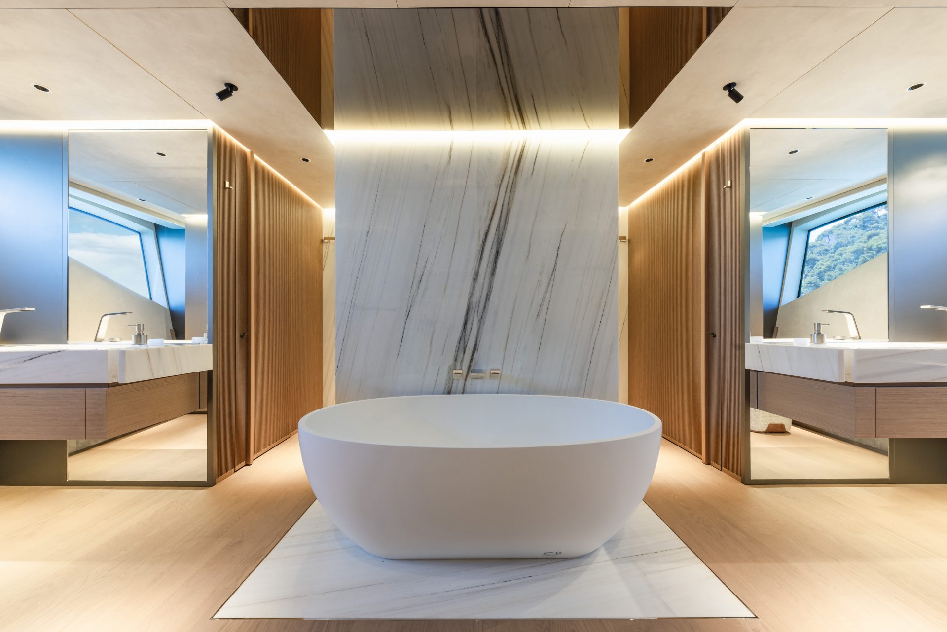 Luxury yacht bathroom with freestanding tub
