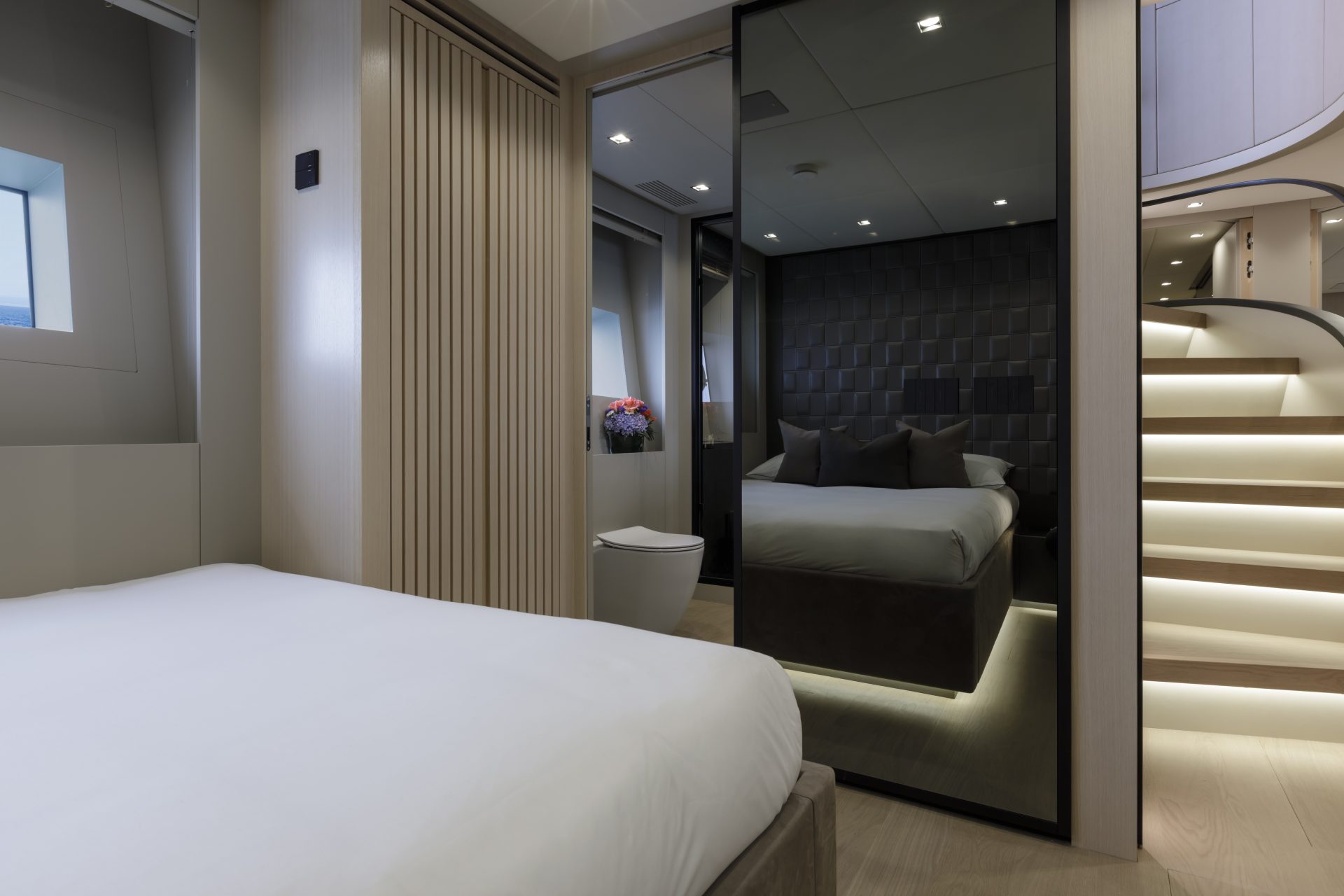 Luxurious Mangusta yacht bedroom interior