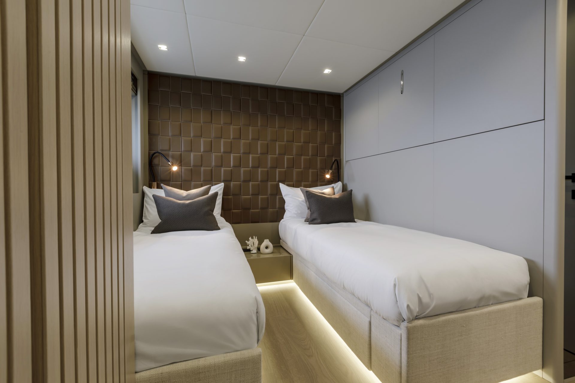 Luxury twin cabin interior on Mangusta yacht