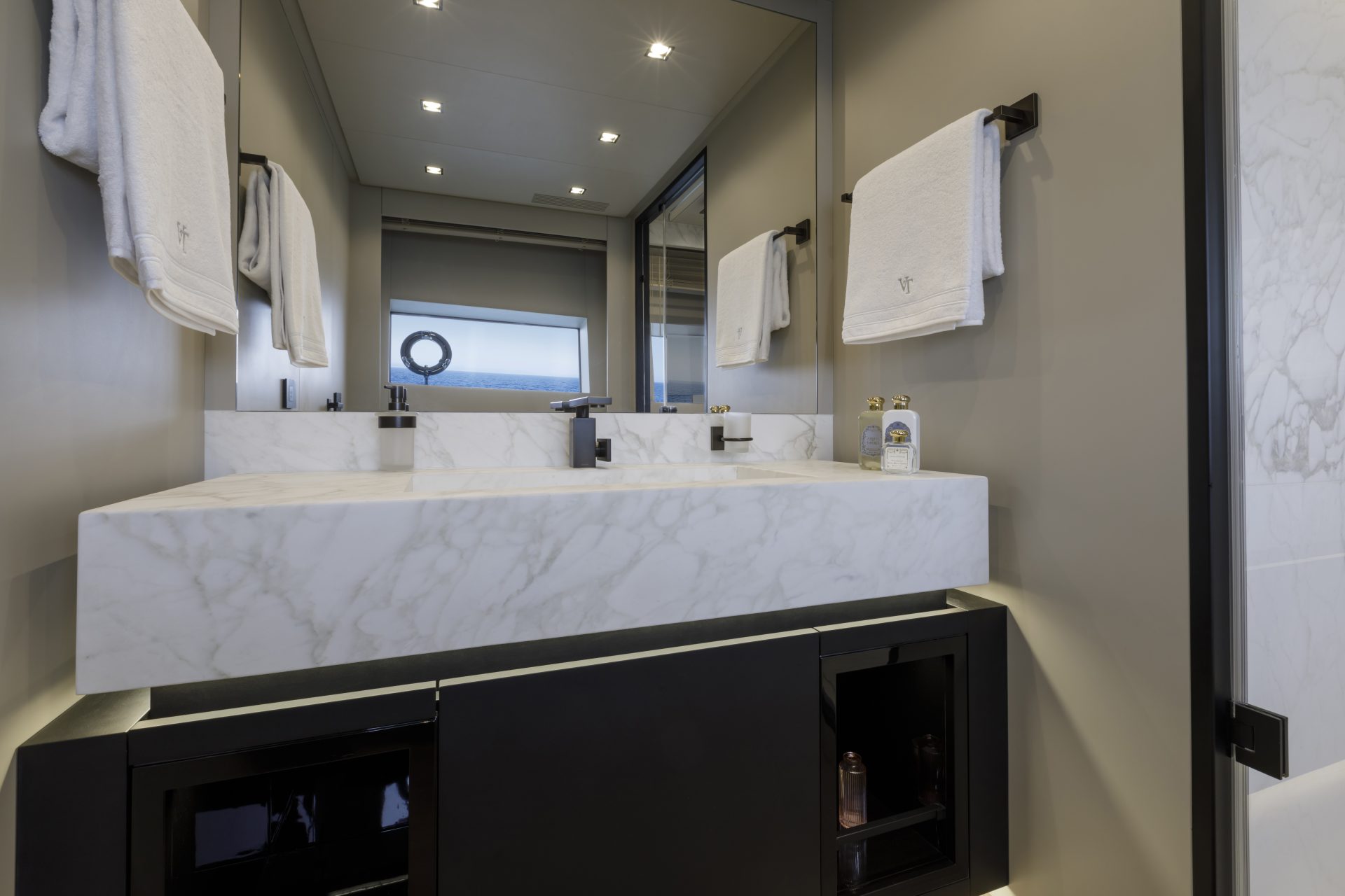 Luxurious marble yacht bathroom interior