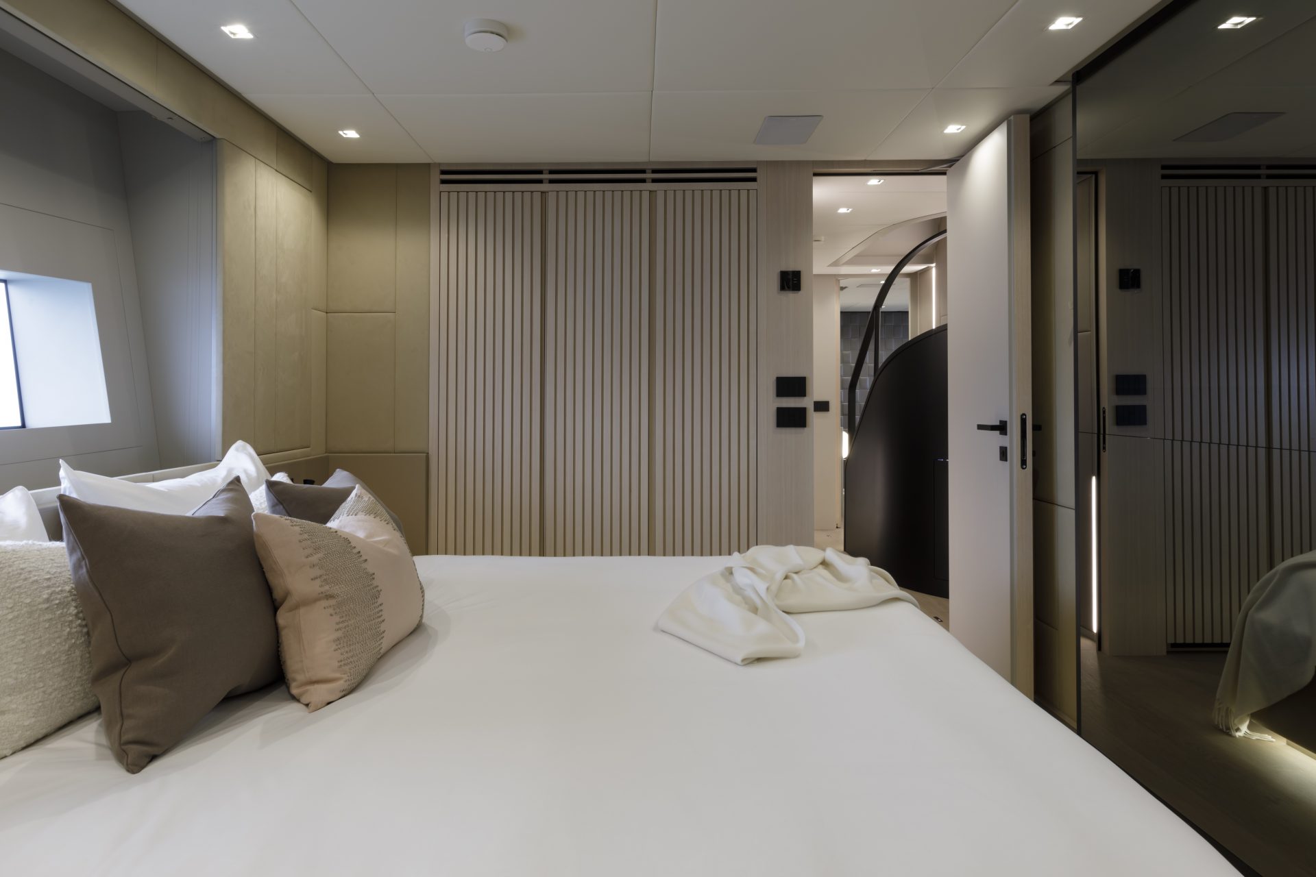 Luxurious cabin interior on Mangusta Yacht.