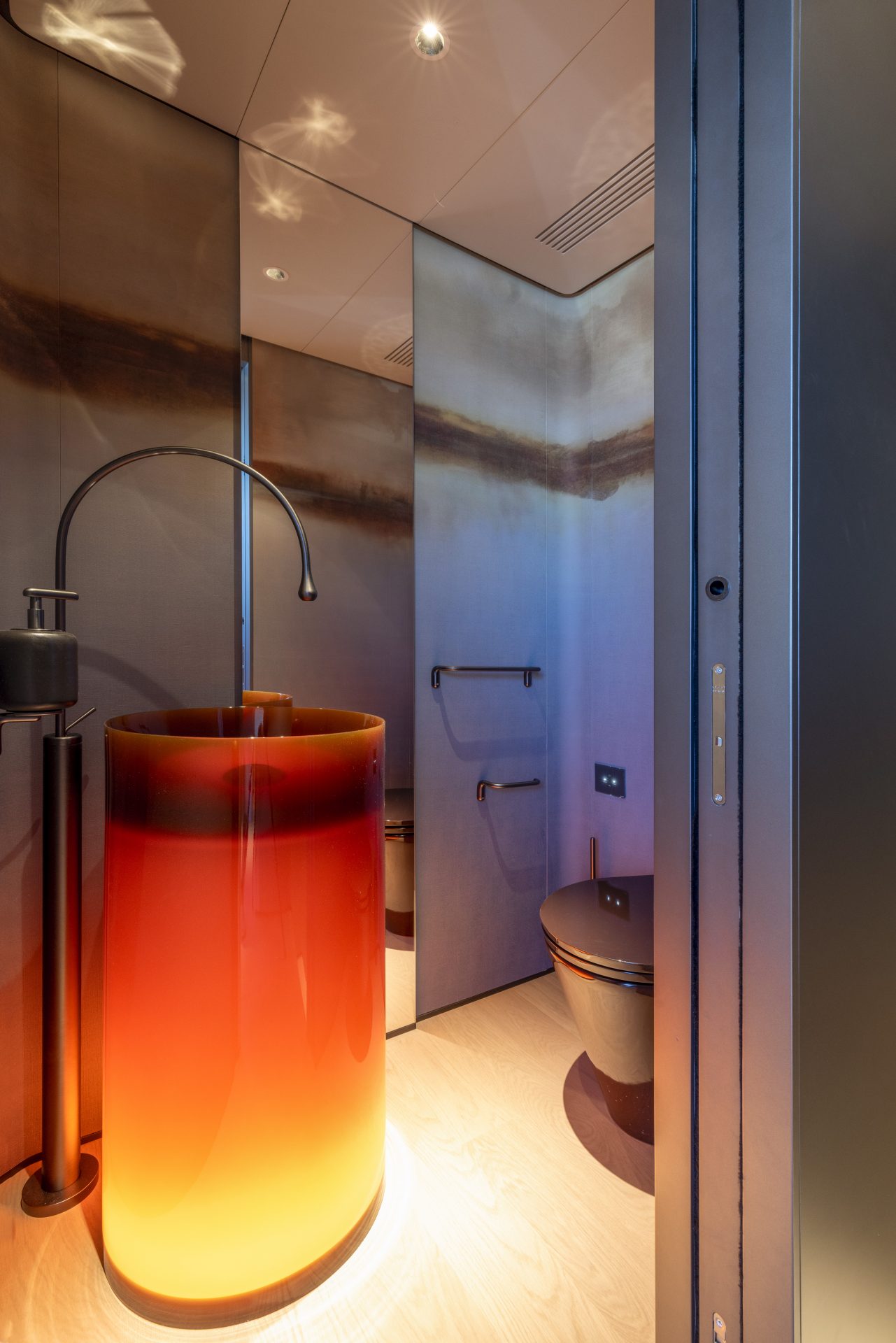 Luxurious yacht bathroom with modern design accents.