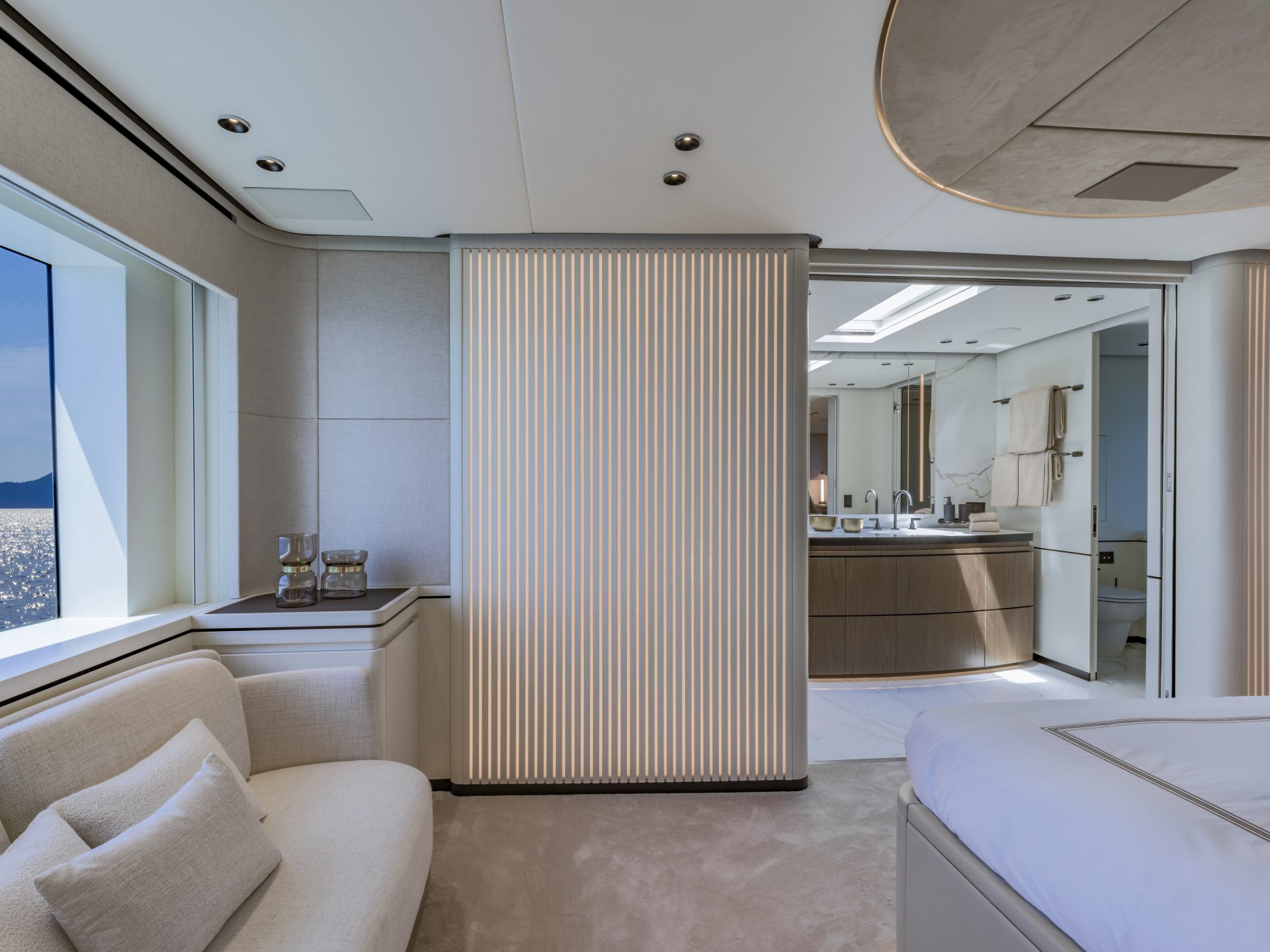 Luxurious interior of Mangusta yacht cabin