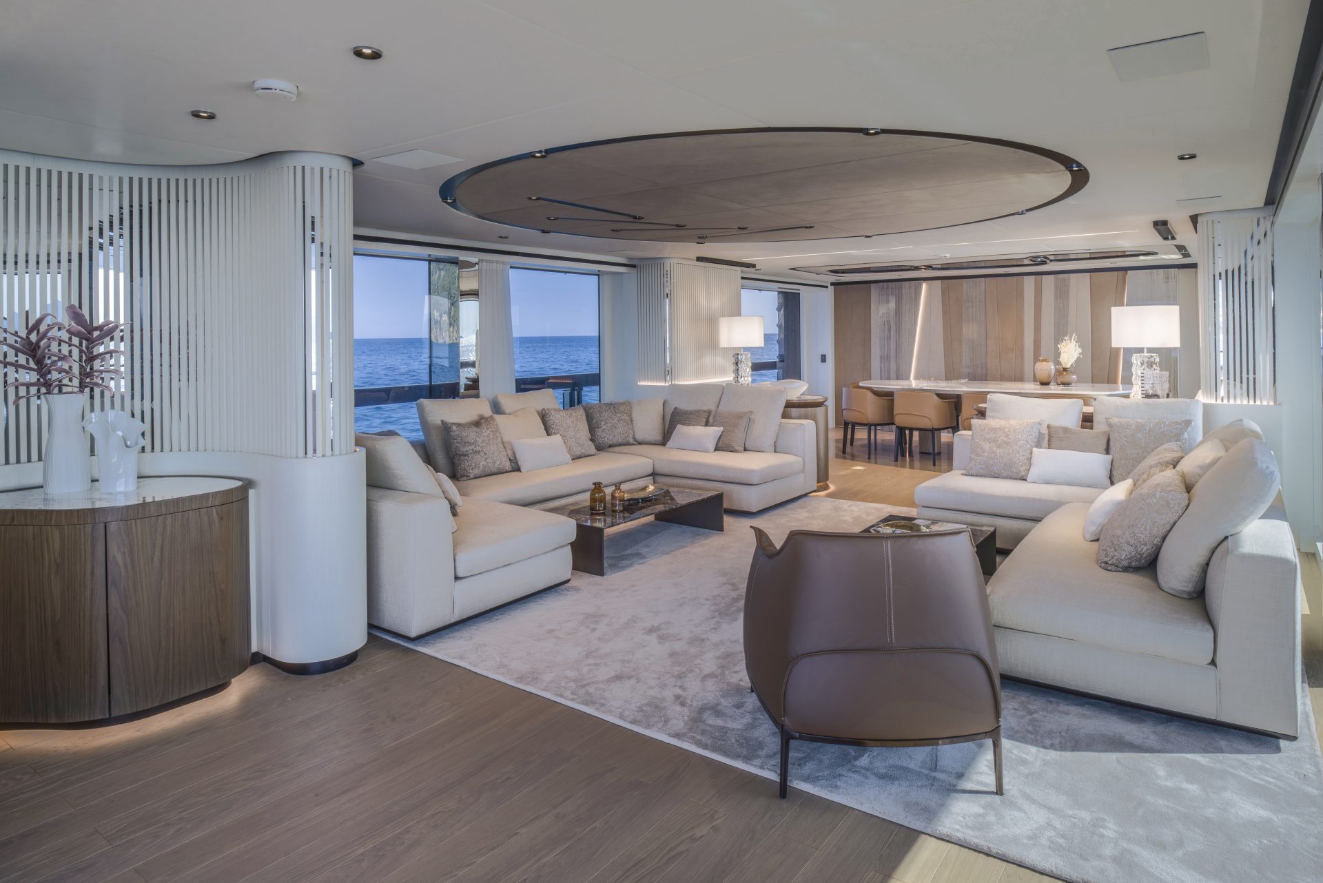 Luxurious Mangusta yacht interior lounge area