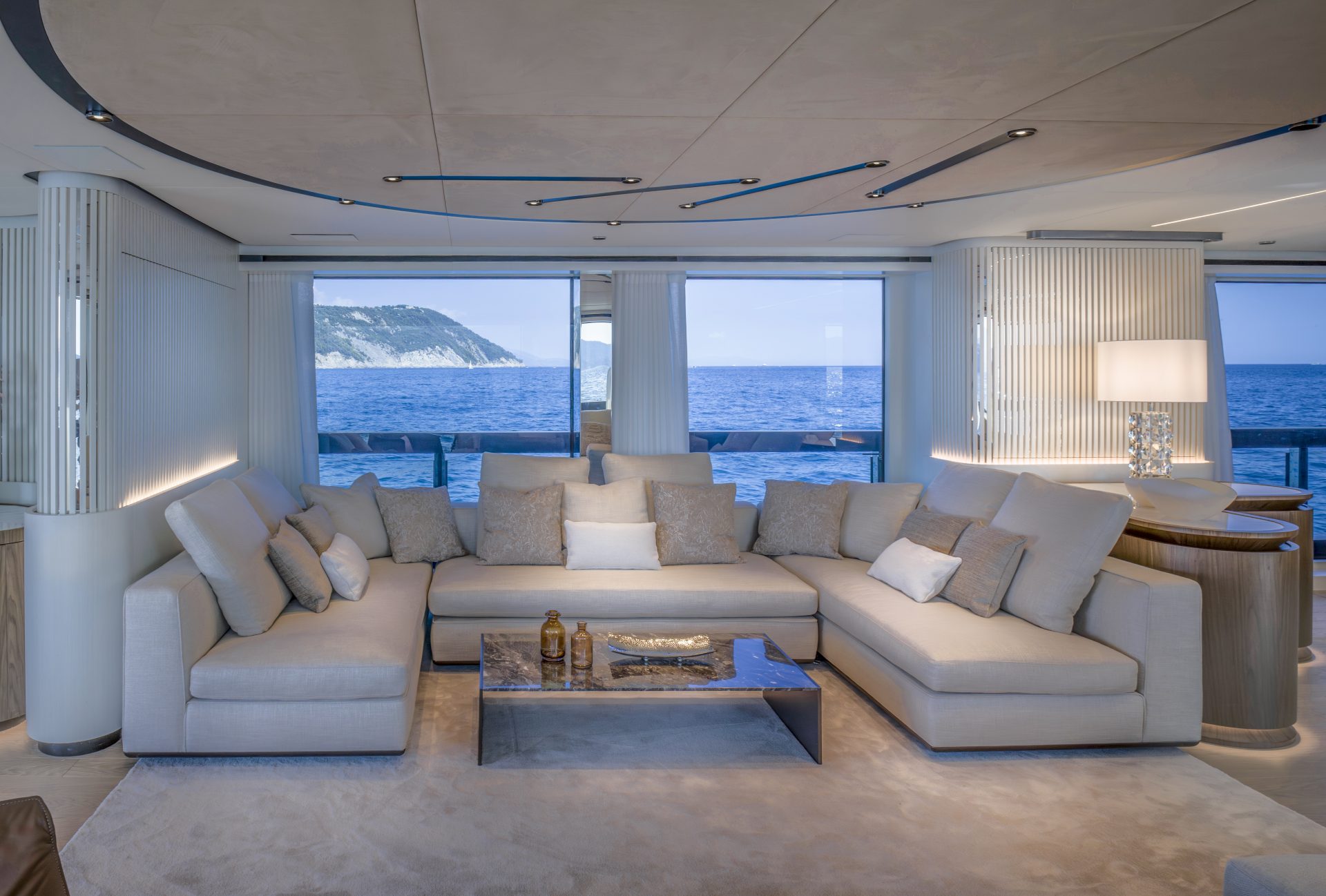 Elegant yacht interior with sea view