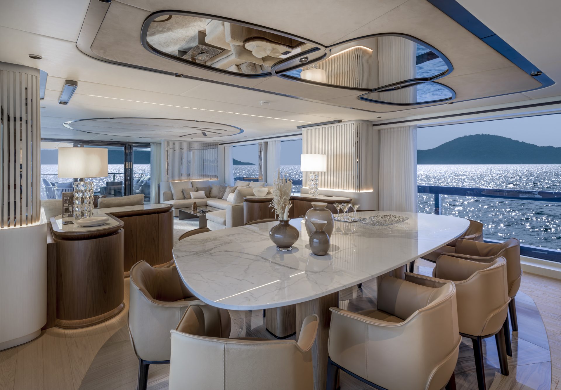 Elegant yacht interior with sea view on horizon.