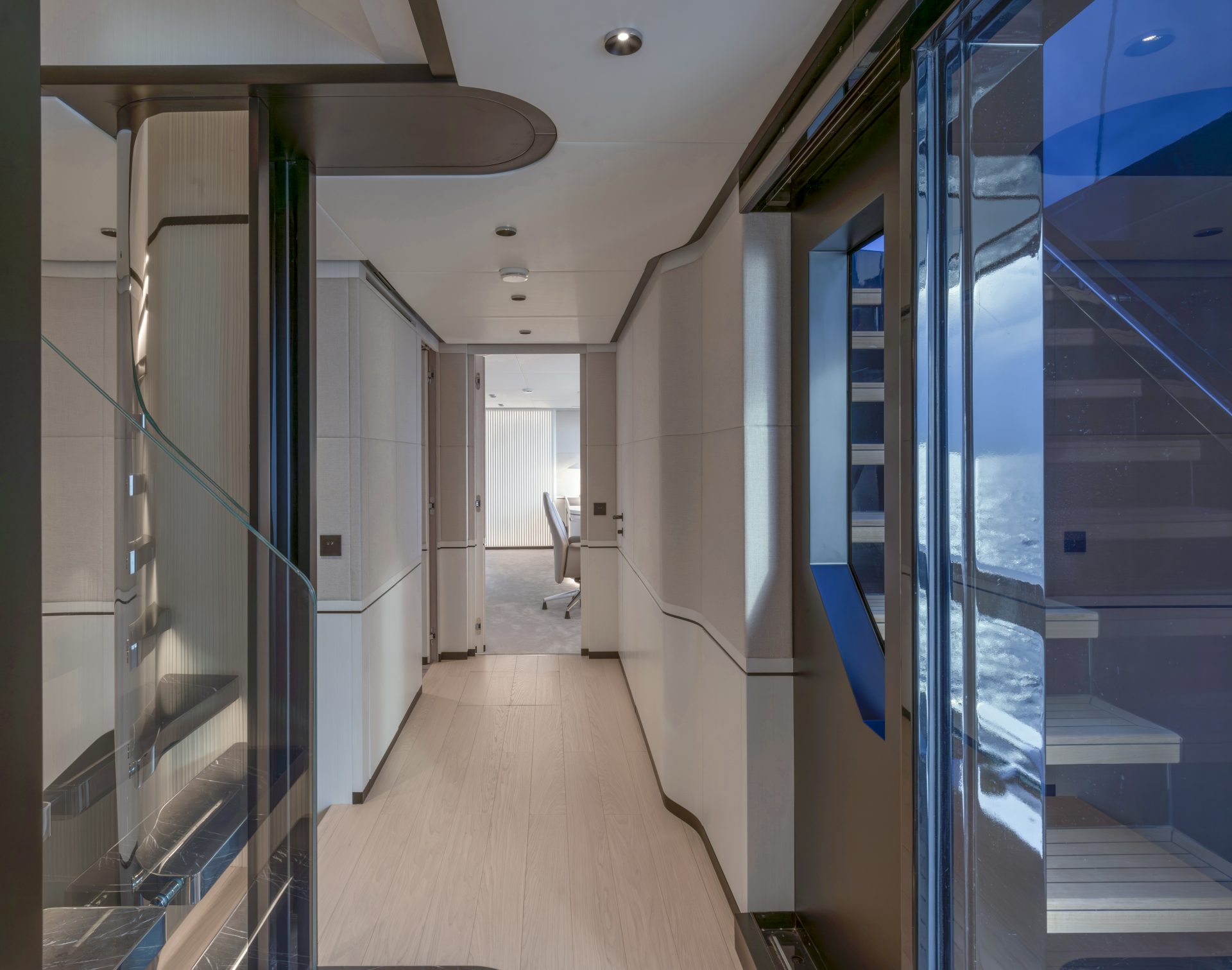 Luxurious interior corridor of Mangusta yacht