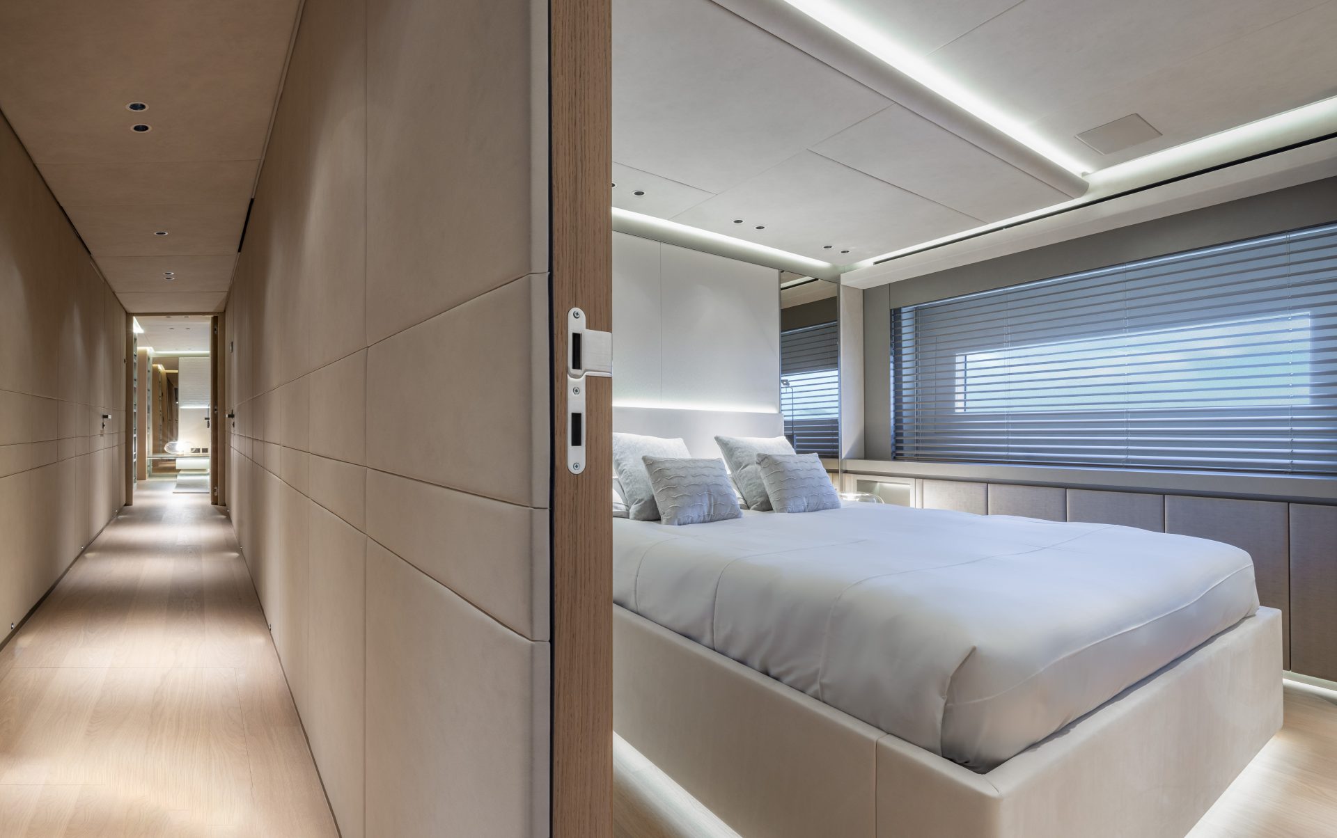 Luxury yacht interior, elegant bedroom design