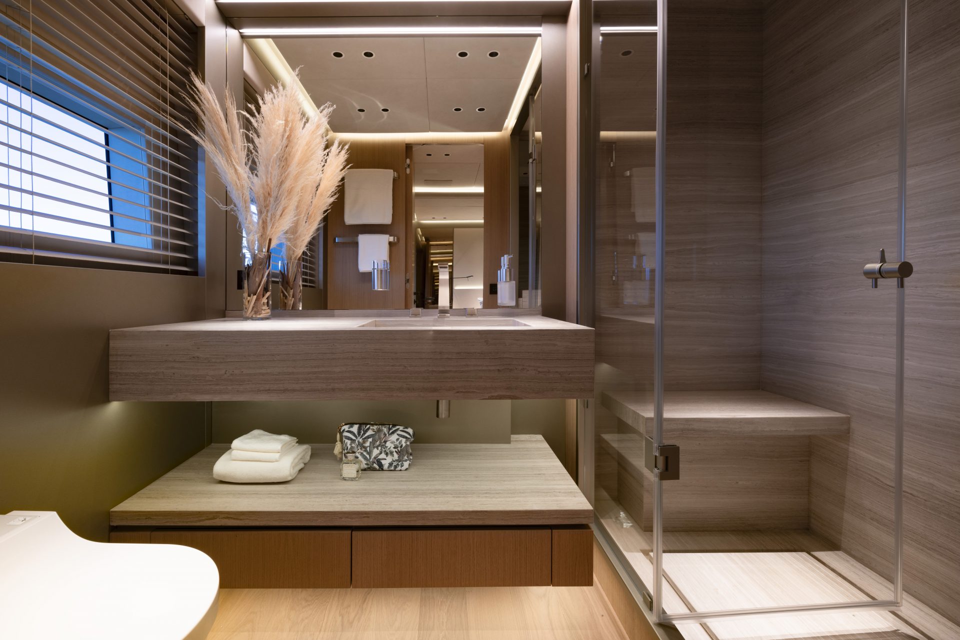 Luxurious yacht bathroom with modern design.