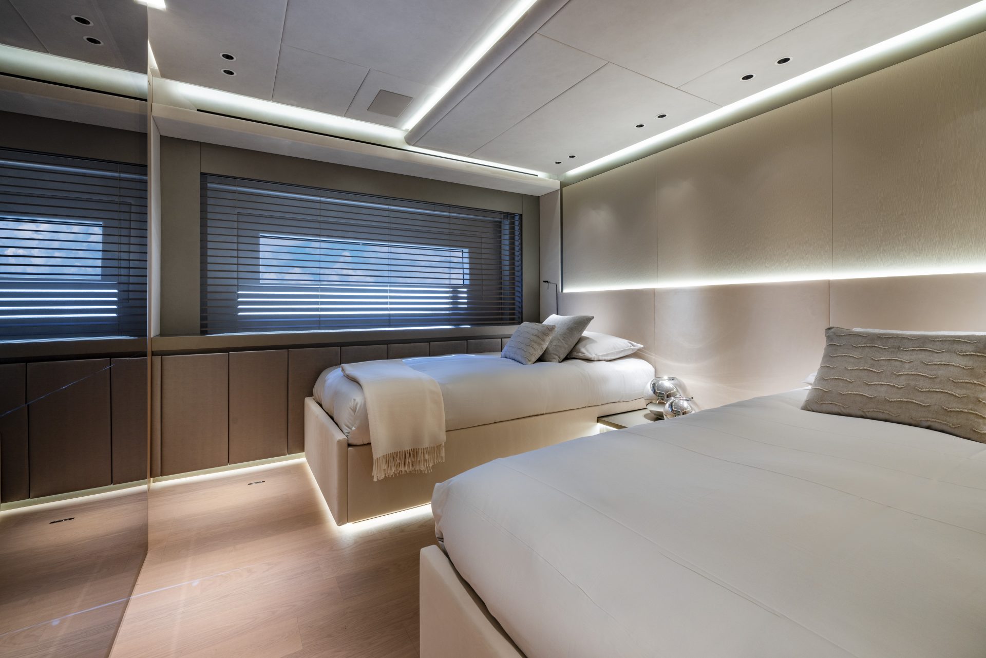 Luxurious Mangusta Yachts twin cabin interior