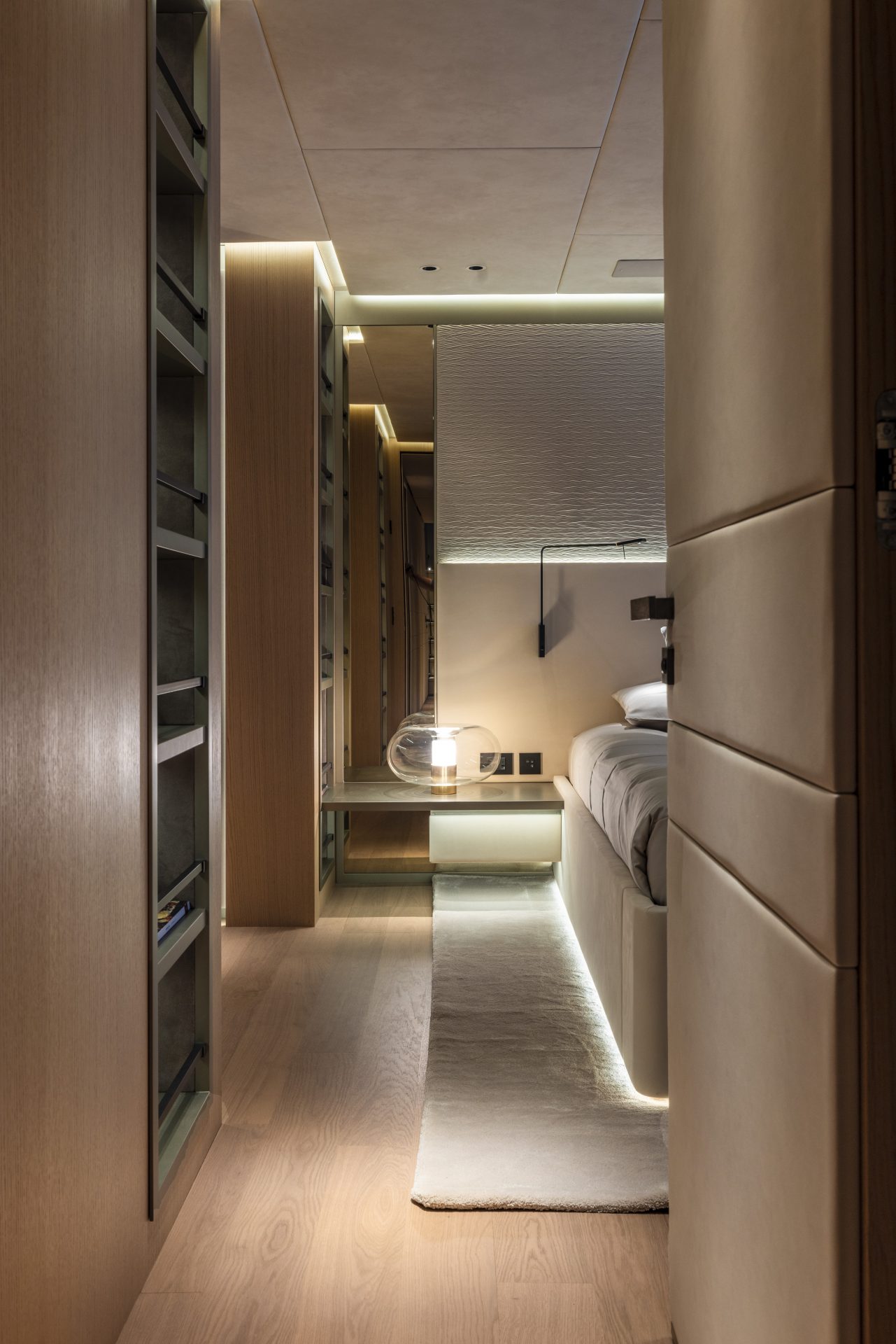 Elegant yacht interior with modern lighting.