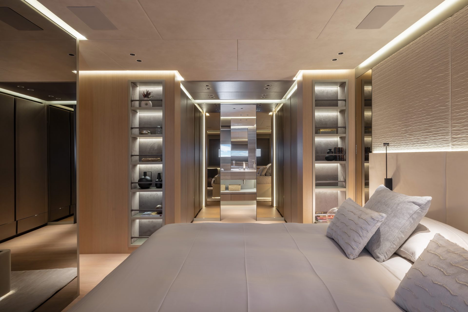 Luxurious Mangusta yacht bedroom interior design