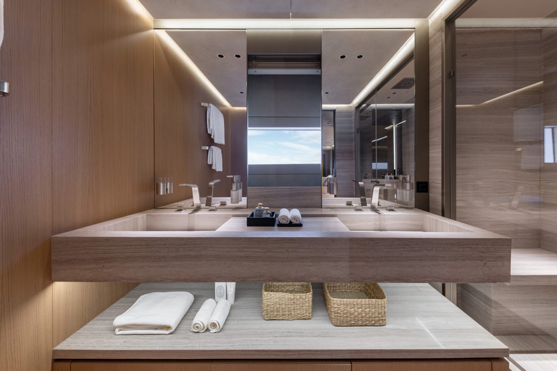 Luxurious yacht bathroom with modern fixtures.