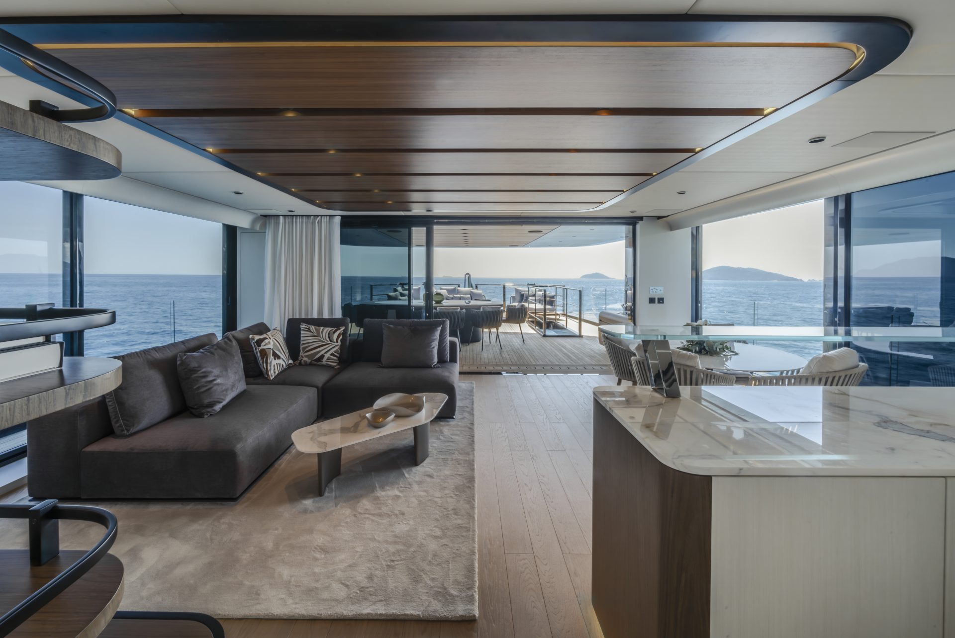 Luxurious Mangusta yacht living room with ocean view