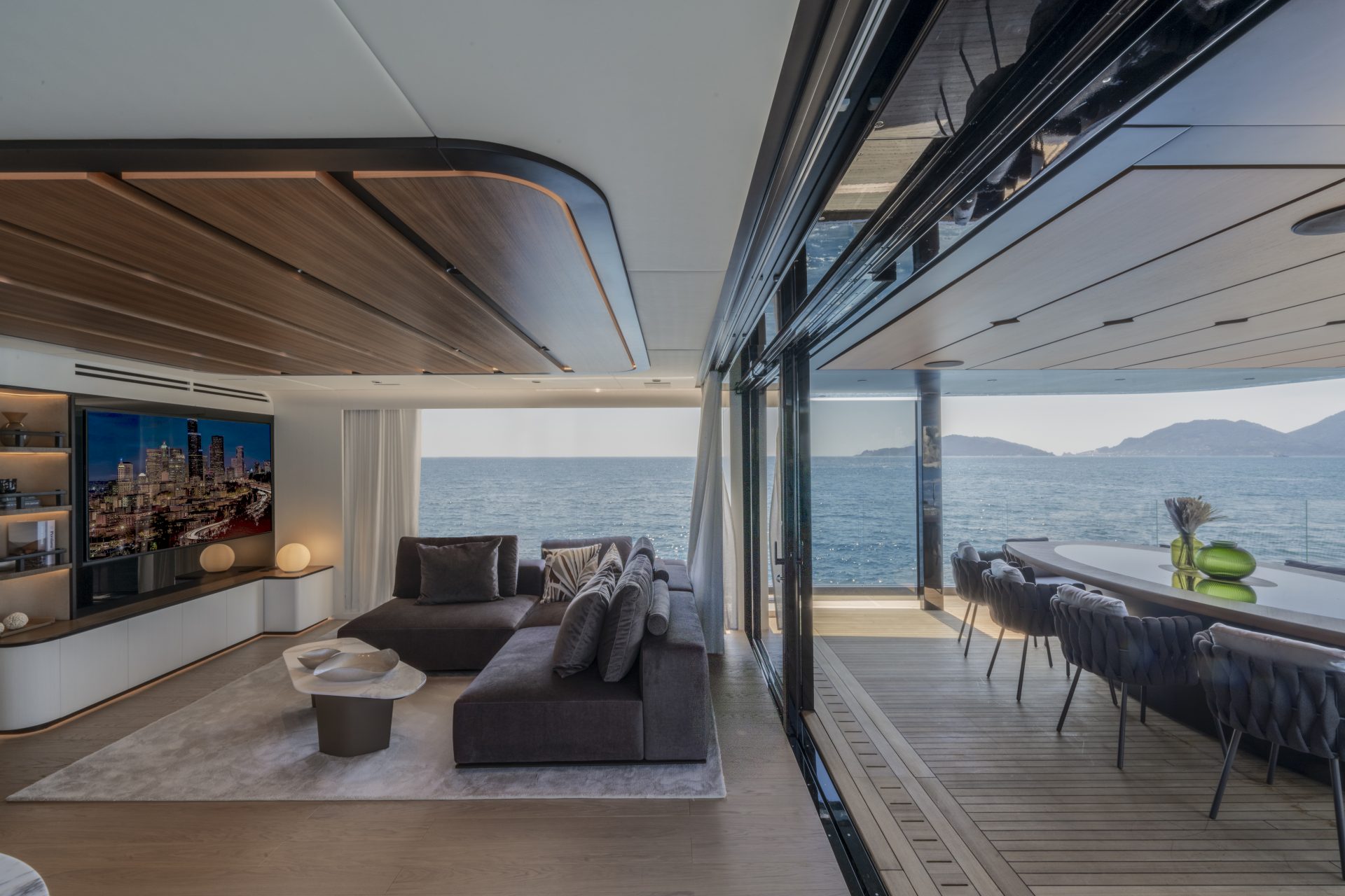Luxurious Mangusta Yachts interior with ocean view
