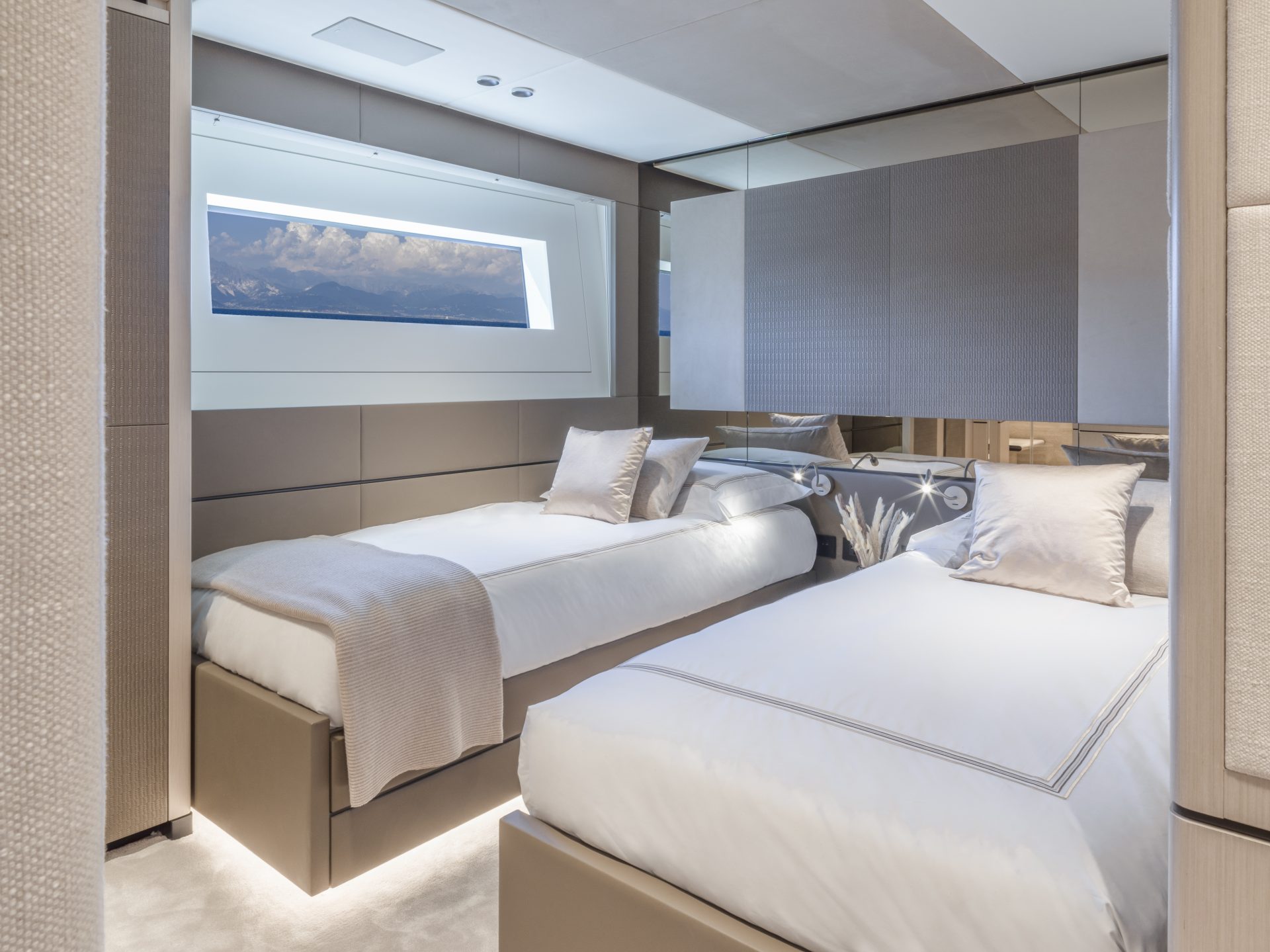 Luxury twin cabin interior on Mangusta yacht