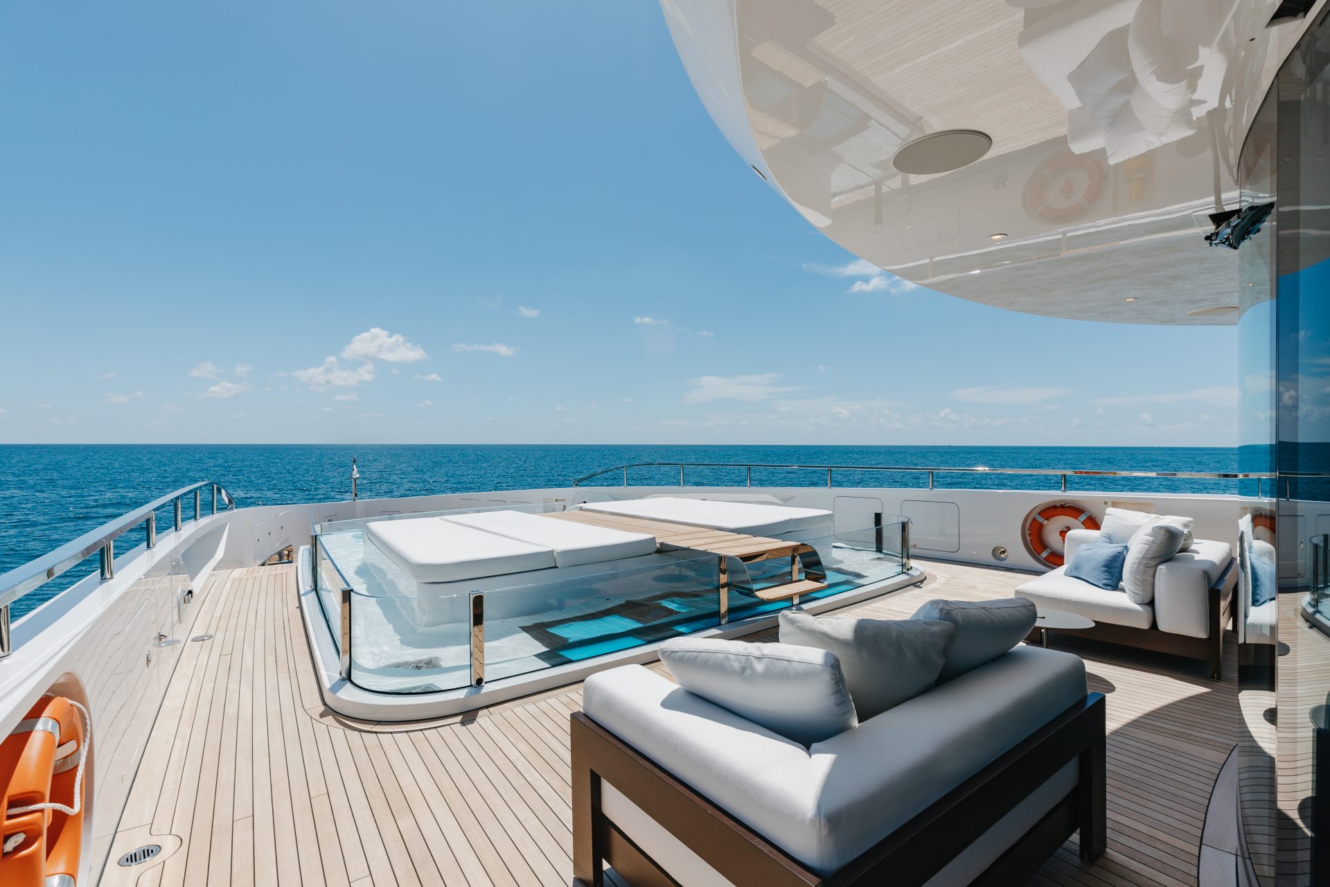 Luxurious deck with sea view on Mangusta Yachts.