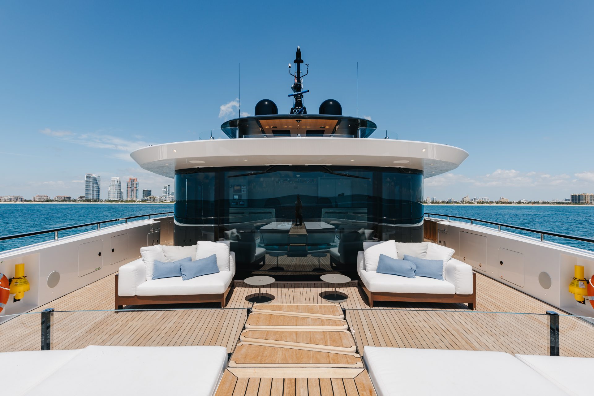 Luxurious deck of a Mangusta yacht at sea