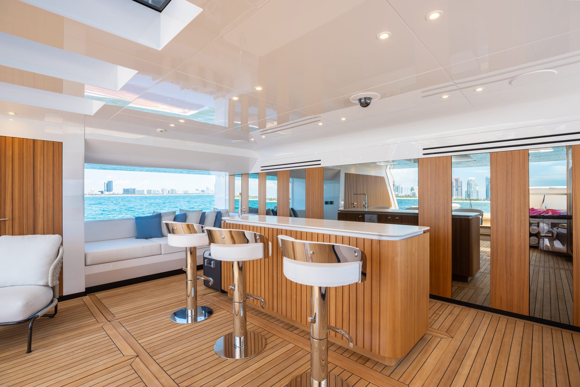 Luxurious yacht interior with ocean view.
