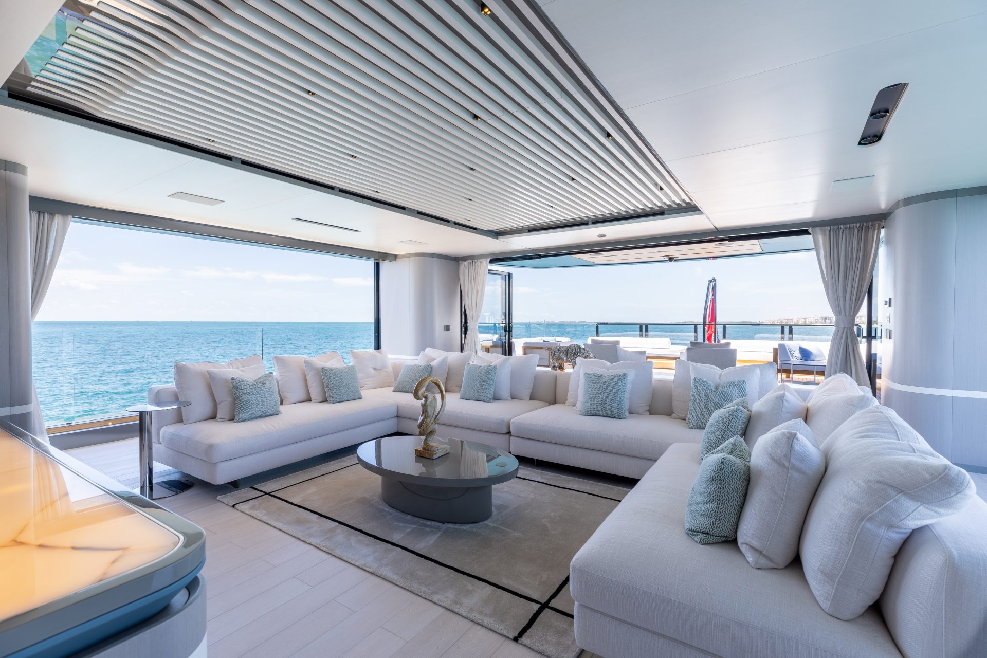 Luxurious Mangusta Yacht interior lounge area