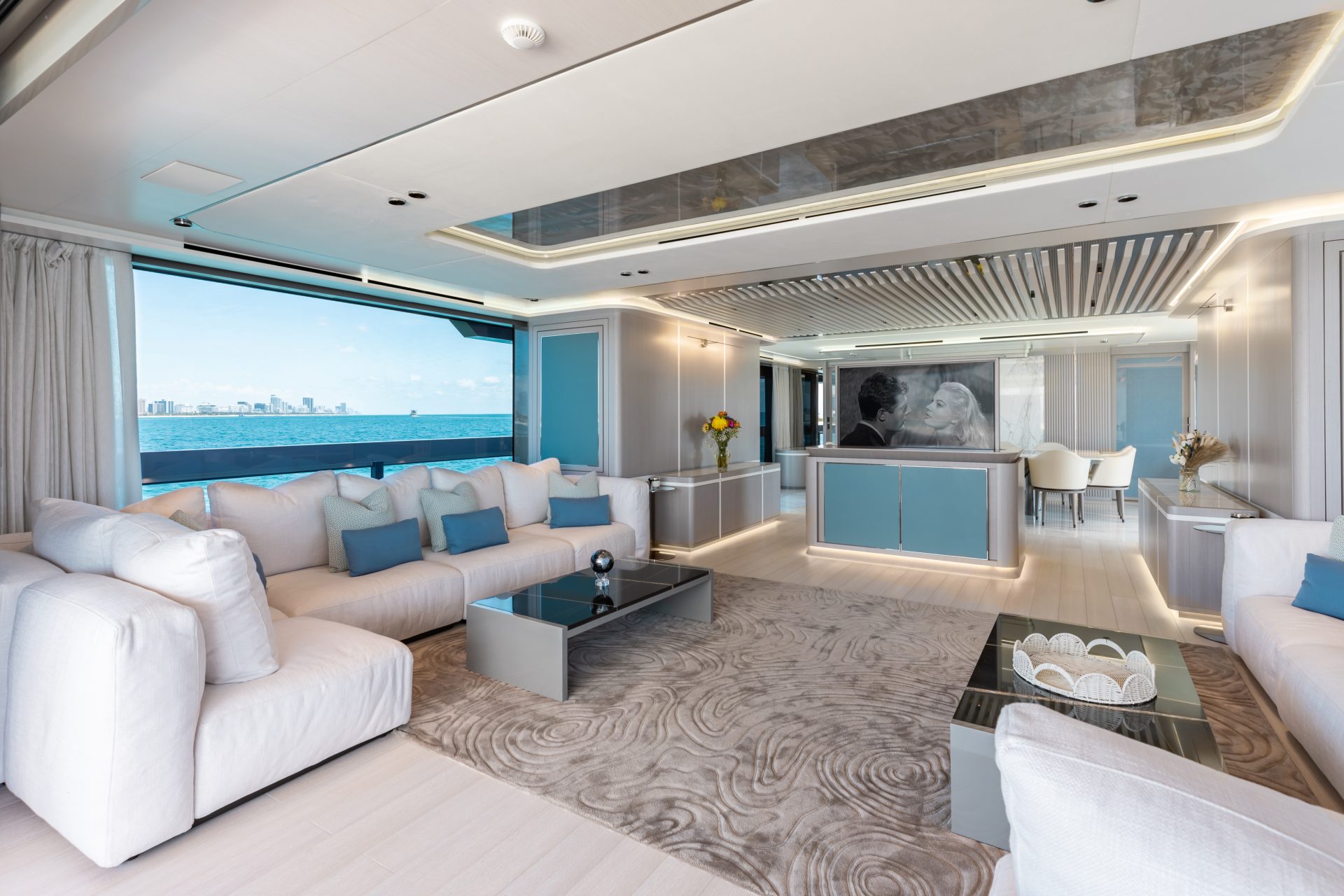 Luxurious yacht interior with ocean view