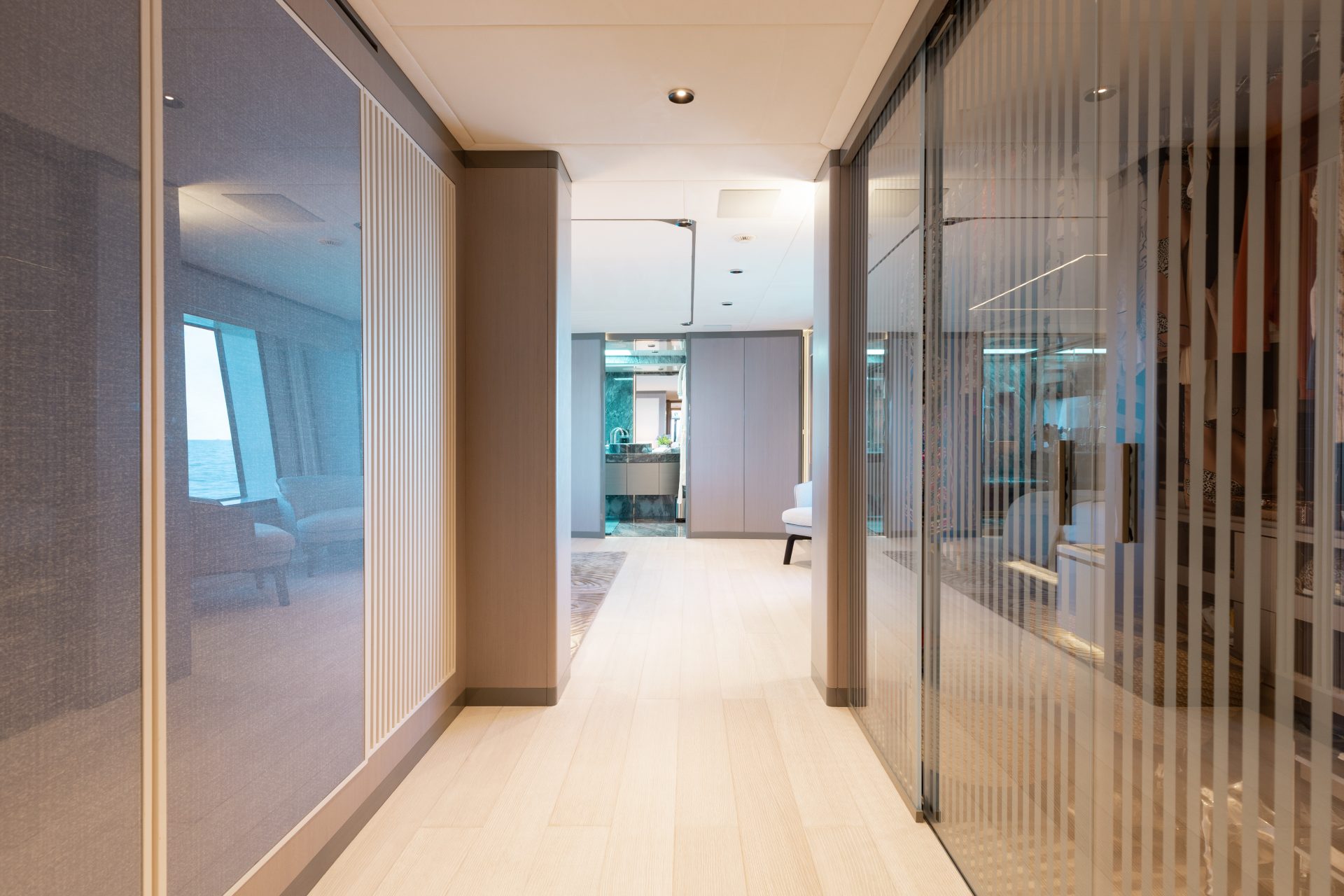 Luxurious hallway inside Mangusta yacht